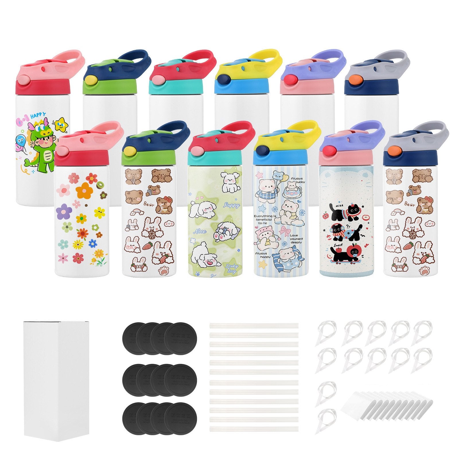 12 oz Kids Sublimation Water Bottles, 12 Pack Set - Food-Grade Stainless Steel Tumblers with Lids and Straws for DIY Customization