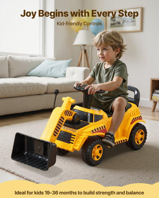 Yellow Toddler Ride-On Excavator Car for Ages 19-36 Months, Bulldozer Digger Toy with Music, Storage & 55 lbs Capacity - Perfect Foot-to-Floor Walker
