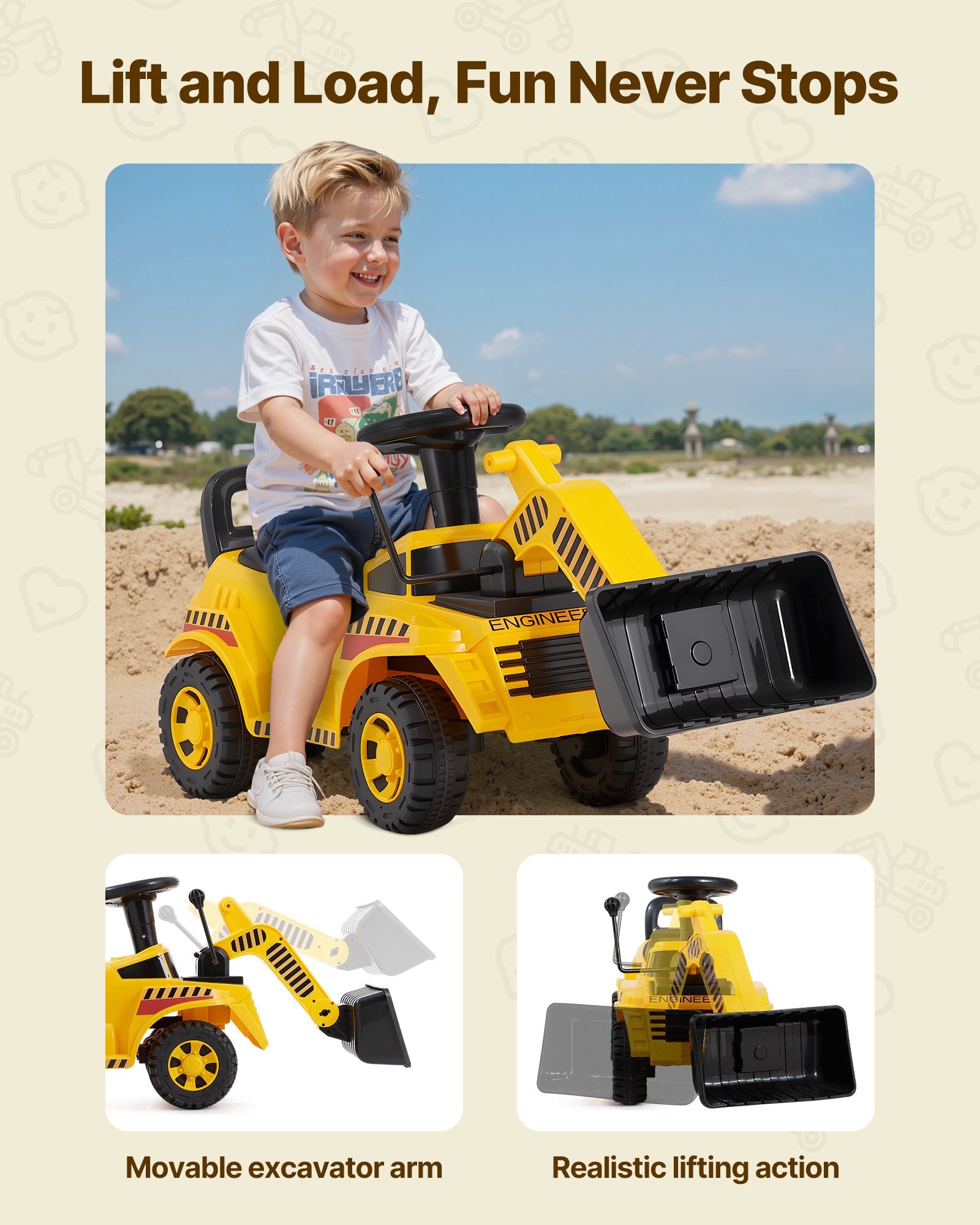 Yellow Toddler Ride-On Excavator Car for Ages 19-36 Months, Bulldozer Digger Toy with Music, Storage & 55 lbs Capacity - Perfect Foot-to-Floor Walker