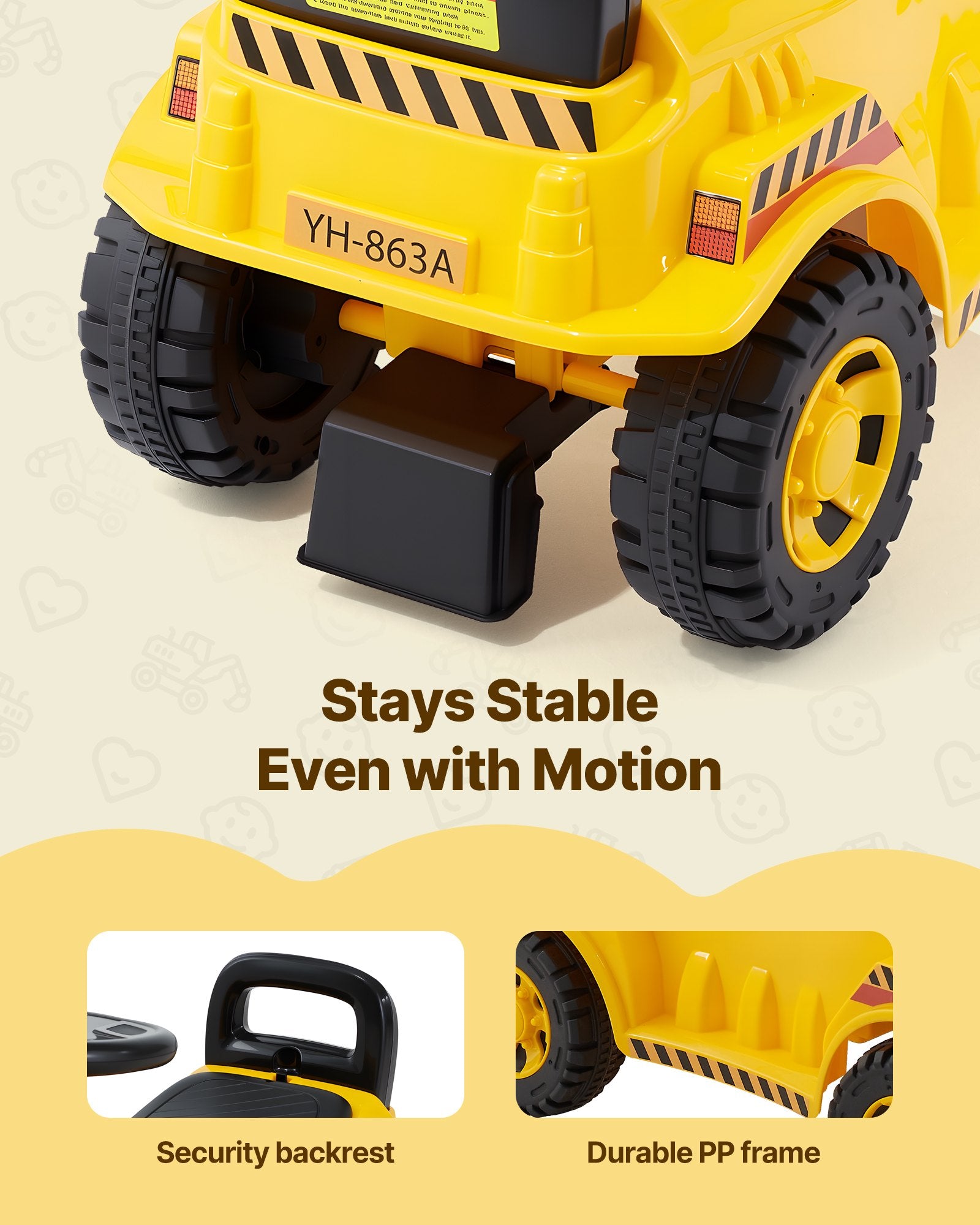 Yellow Toddler Ride-On Excavator Car for Ages 19-36 Months, Bulldozer Digger Toy with Music, Storage & 55 lbs Capacity - Perfect Foot-to-Floor Walker