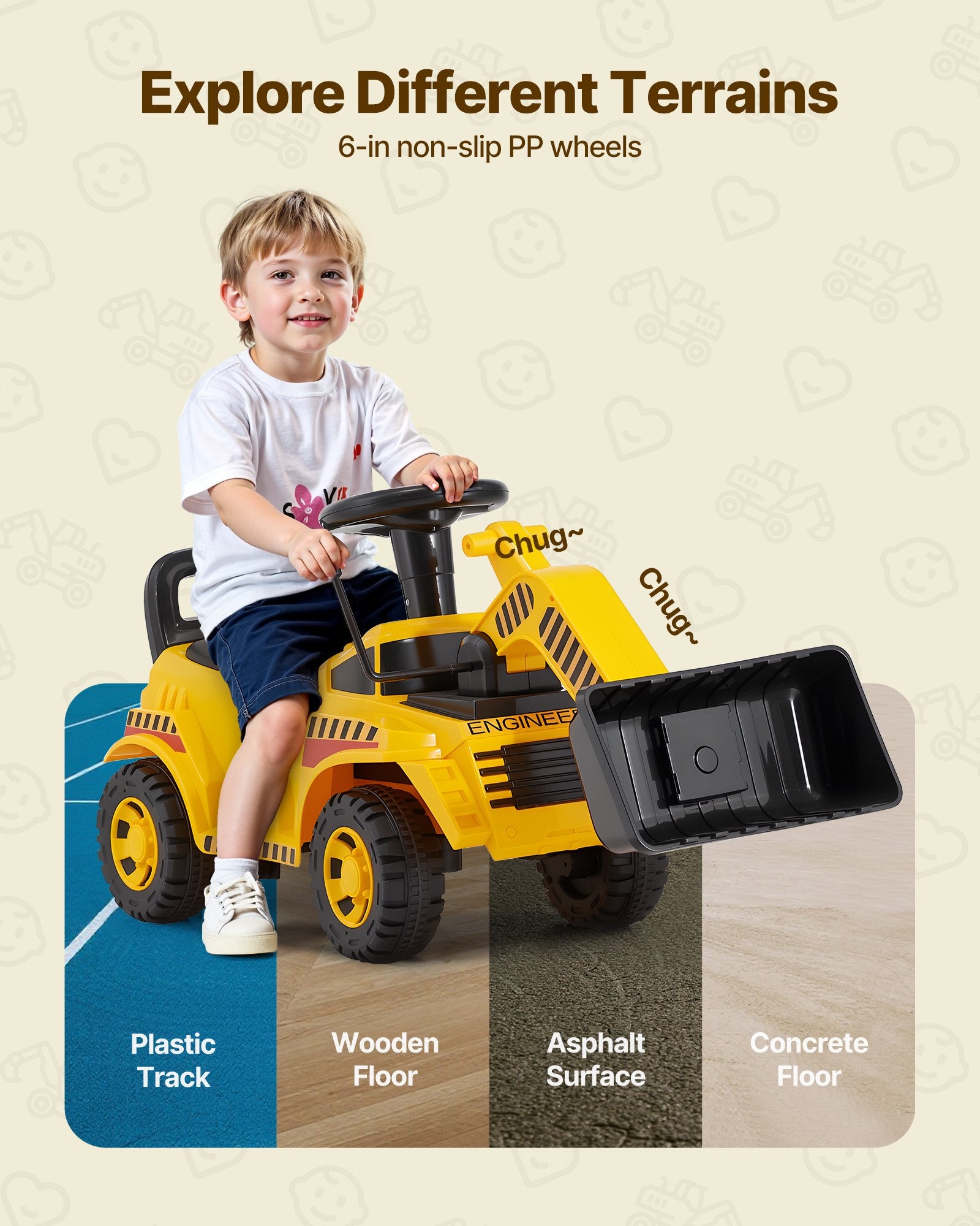 Yellow Toddler Ride-On Excavator Car for Ages 19-36 Months, Bulldozer Digger Toy with Music, Storage & 55 lbs Capacity - Perfect Foot-to-Floor Walker