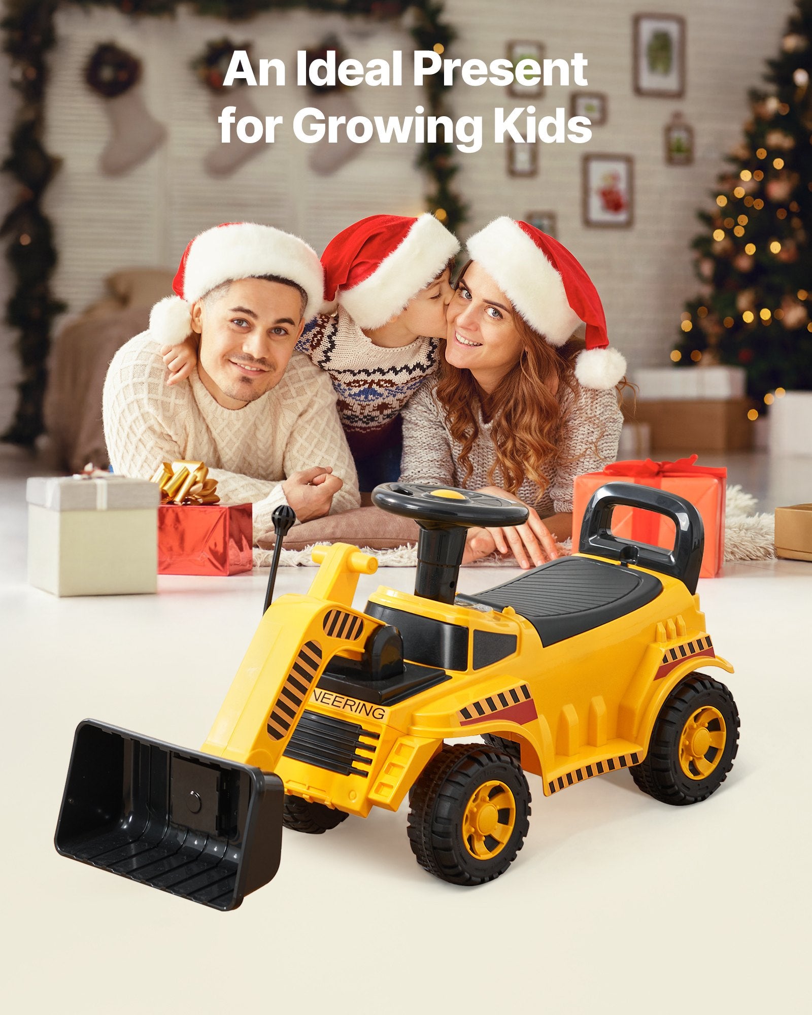 Yellow Toddler Ride-On Excavator Car for Ages 19-36 Months, Bulldozer Digger Toy with Music, Storage & 55 lbs Capacity - Perfect Foot-to-Floor Walker