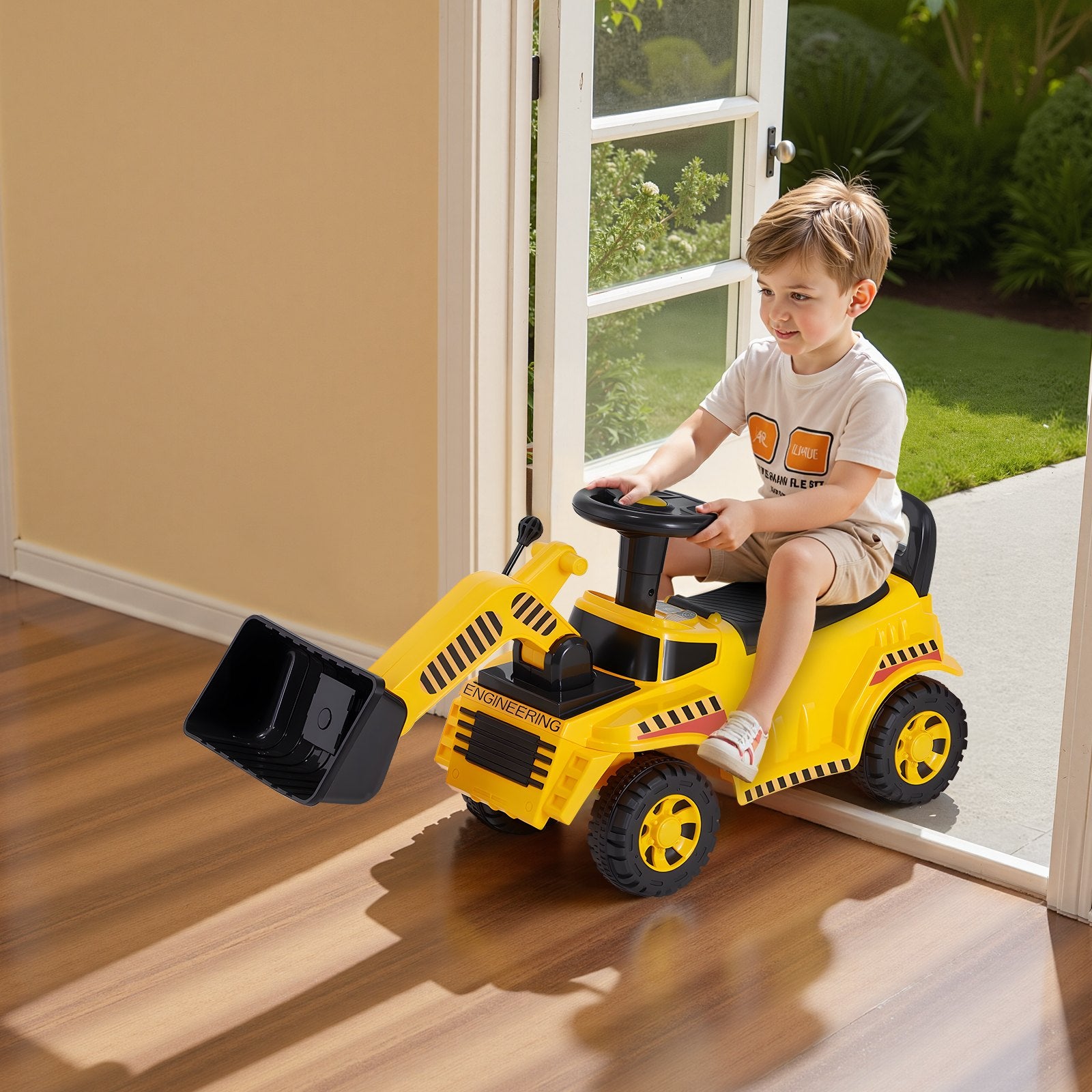 Yellow Toddler Ride-On Excavator Car for Ages 19-36 Months, Bulldozer Digger Toy with Music, Storage & 55 lbs Capacity - Perfect Foot-to-Floor Walker