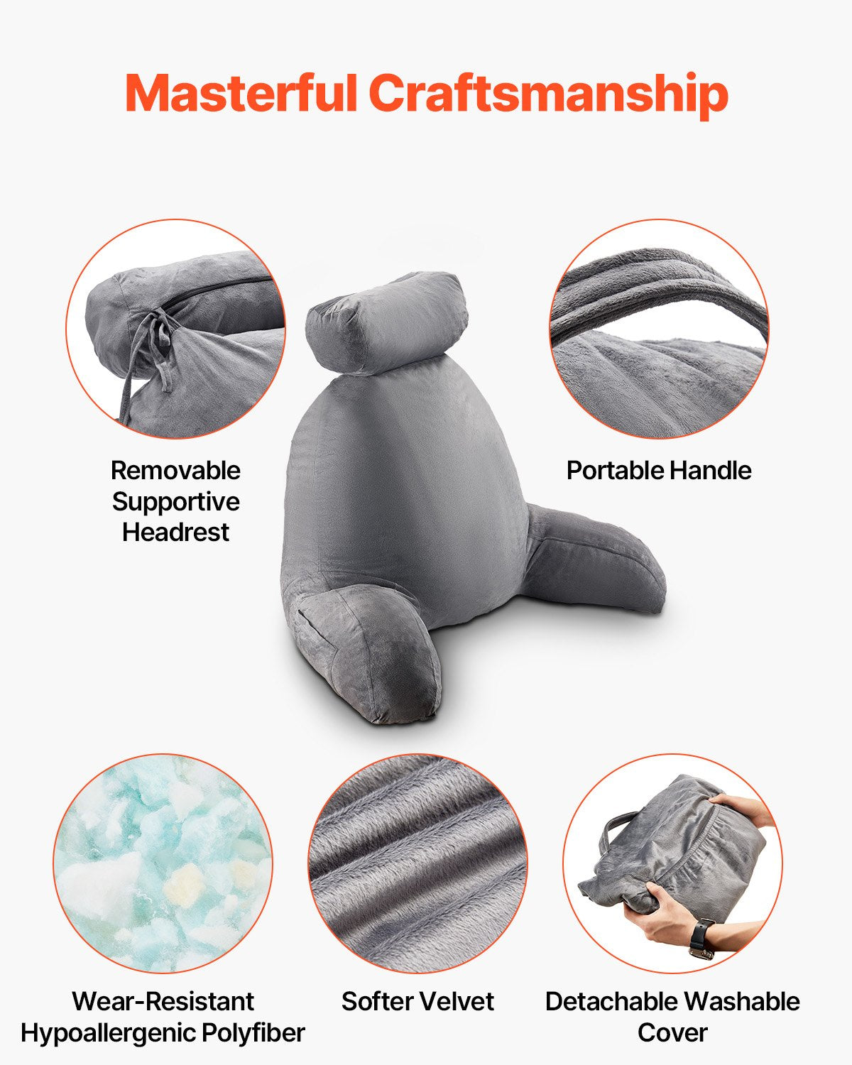 Luxurious Grey Reading Pillow with Removable Headrest, Memory Foam Comfort, 3 Storage Pockets & Handles for Relaxation