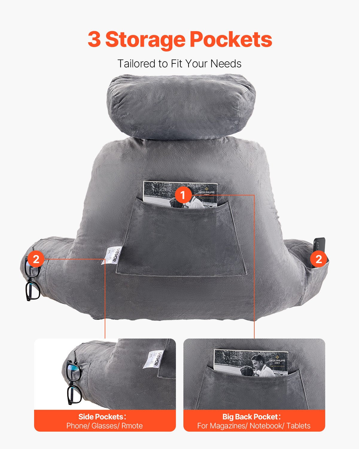 Luxurious Grey Reading Pillow with Removable Headrest, Memory Foam Comfort, 3 Storage Pockets & Handles for Relaxation
