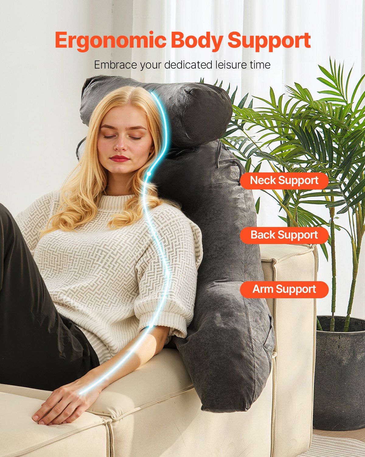 Luxurious Grey Reading Pillow with Removable Headrest, Memory Foam Comfort, 3 Storage Pockets & Handles for Relaxation