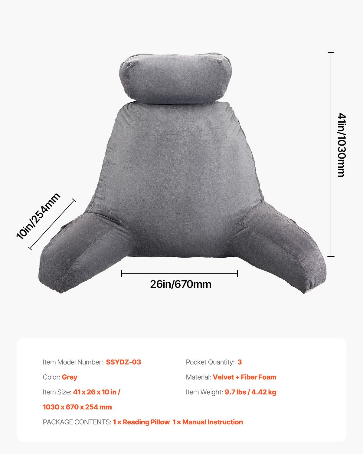 Luxurious Grey Reading Pillow with Removable Headrest, Memory Foam Comfort, 3 Storage Pockets & Handles for Relaxation