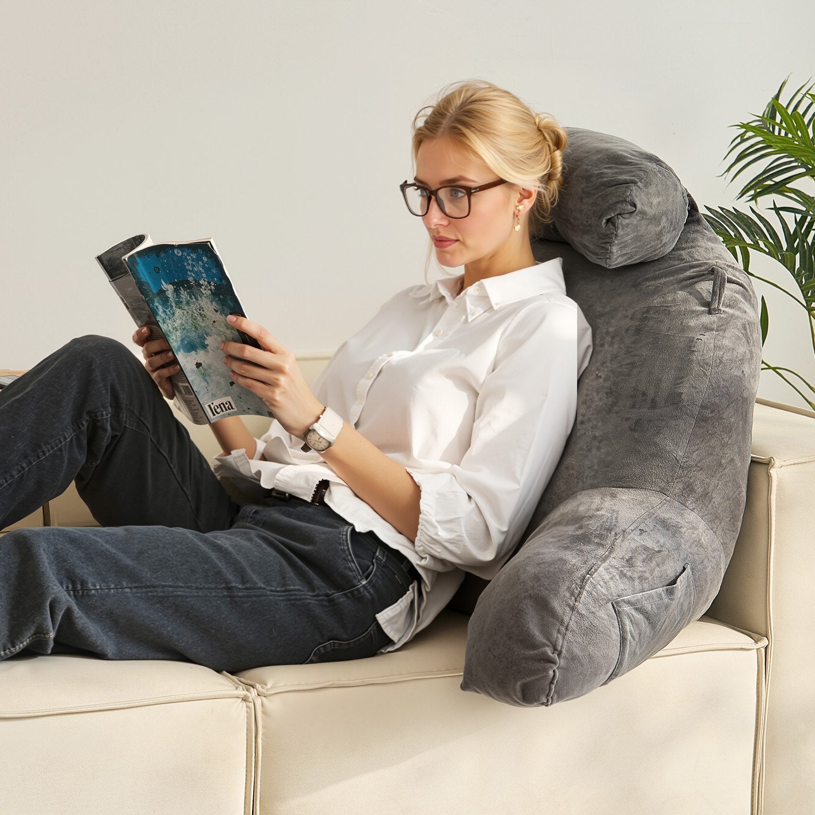 Luxurious Grey Reading Pillow with Removable Headrest, Memory Foam Comfort, 3 Storage Pockets & Handles for Relaxation