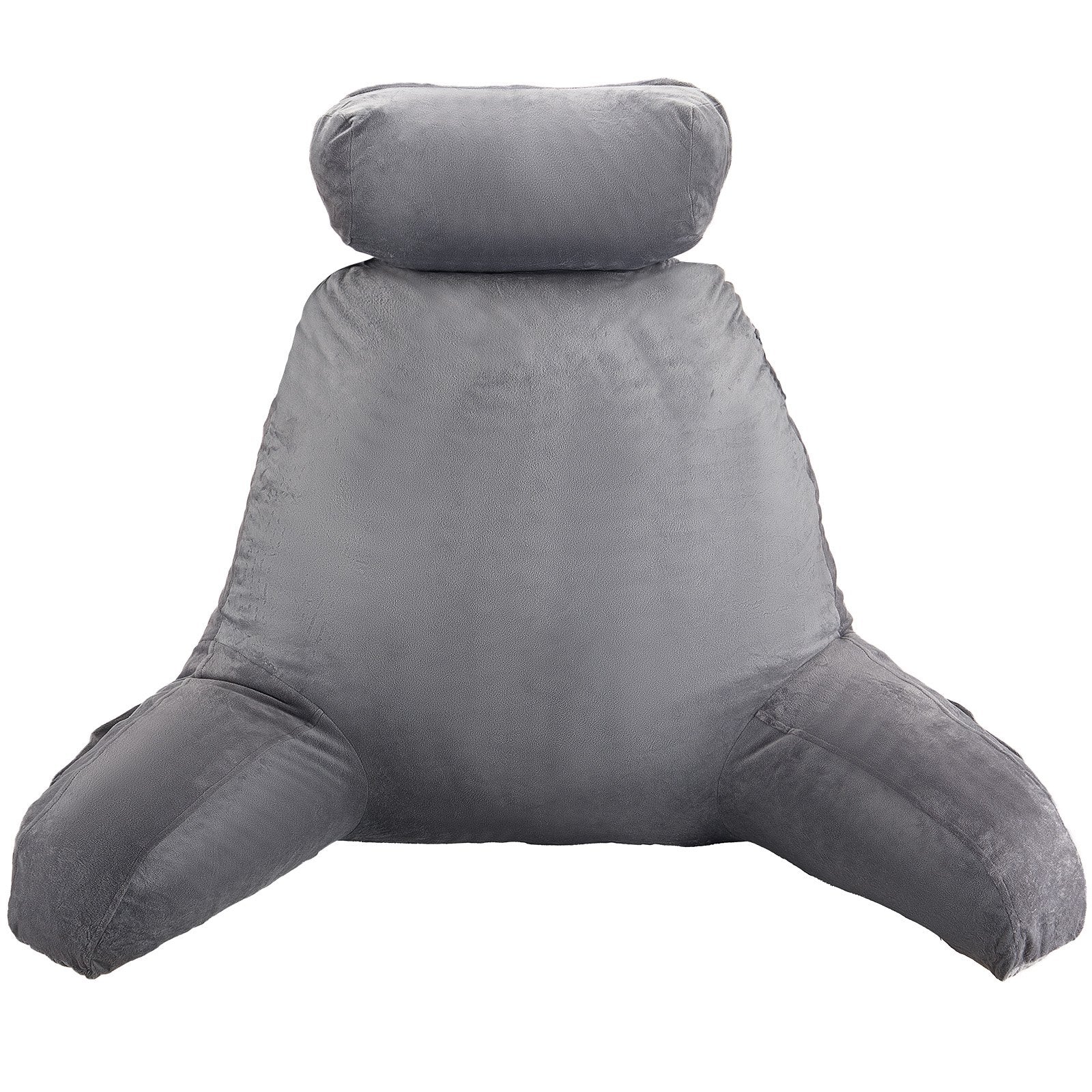 Luxurious Grey Reading Pillow with Removable Headrest, Memory Foam Comfort, 3 Storage Pockets & Handles for Relaxation
