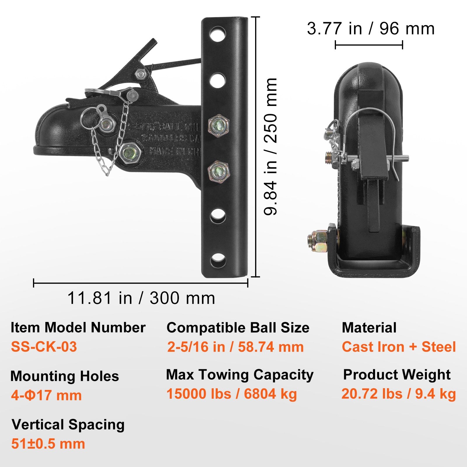 Heavy Duty Adjustable Trailer Coupler Kit, 2-5/16" Ball, 15,000 lbs Capacity, 5-Position Mount for Camper, Truck, SUV, Durable Black Coating