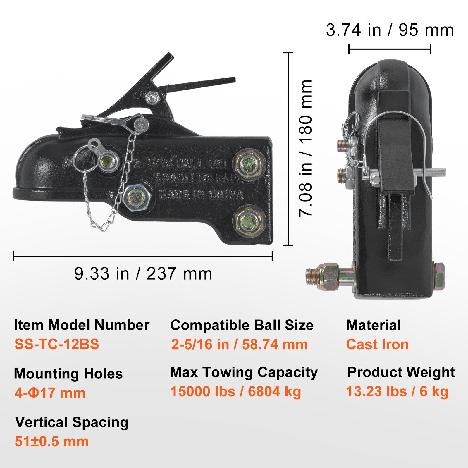 Heavy Duty Adjustable Trailer Coupler with 2-5/16" Hitch Ball, 15000 lbs Capacity, Cast Channel-Mount, Ideal for Towing SUVs, Trucks, Includes Hardware Kit, Black Finish