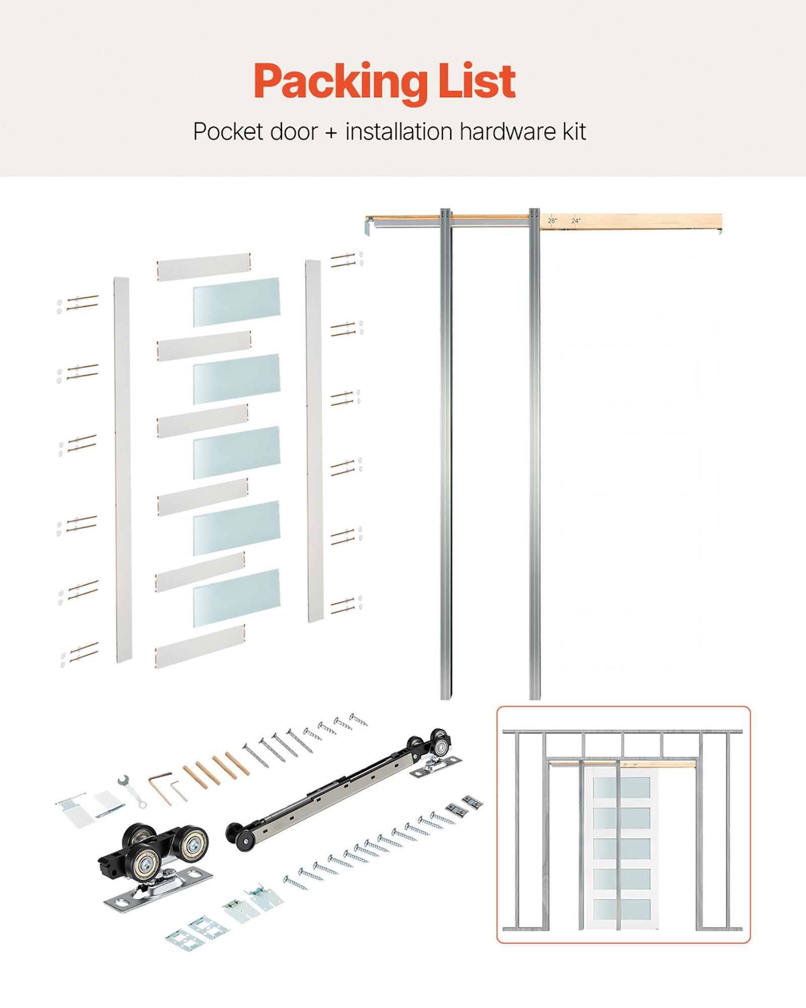 Elegant 30" x 80" Sliding Pocket Door with Frosted Glass, Solid Wood & MDF, Space-Saving Design for Bedroom, Kitchen, Study – Includes Hardware Kit