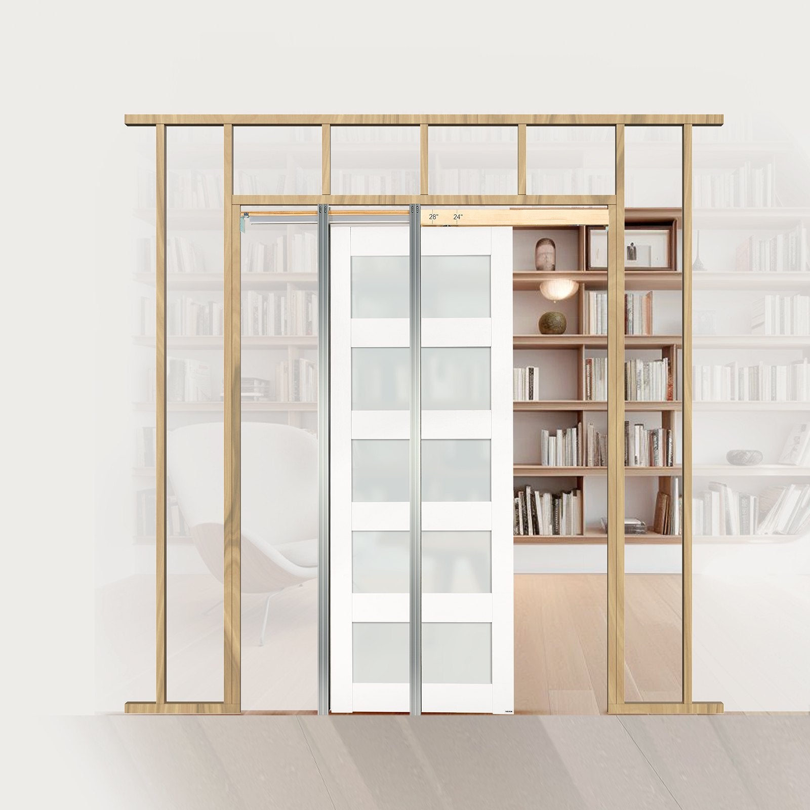 Elegant 30" x 80" Sliding Pocket Door with Frosted Glass, Solid Wood & MDF, Space-Saving Design for Bedroom, Kitchen, Study – Includes Hardware Kit