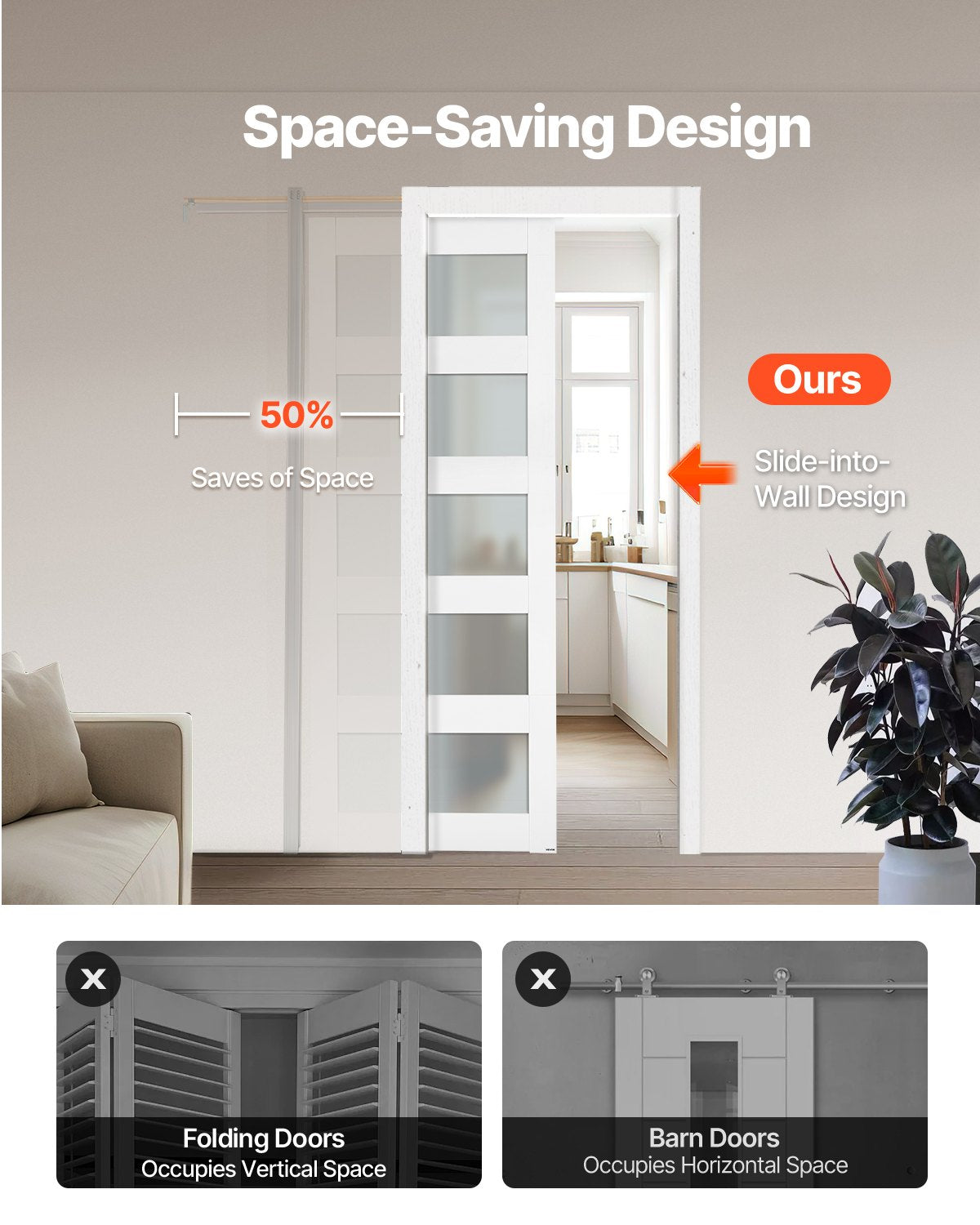 36" x 80" Frosted Glass Pocket Door with Hardware Kit - Solid Wood & MDF, Waterproof & Space-Saving for Bedroom, Kitchen, Study