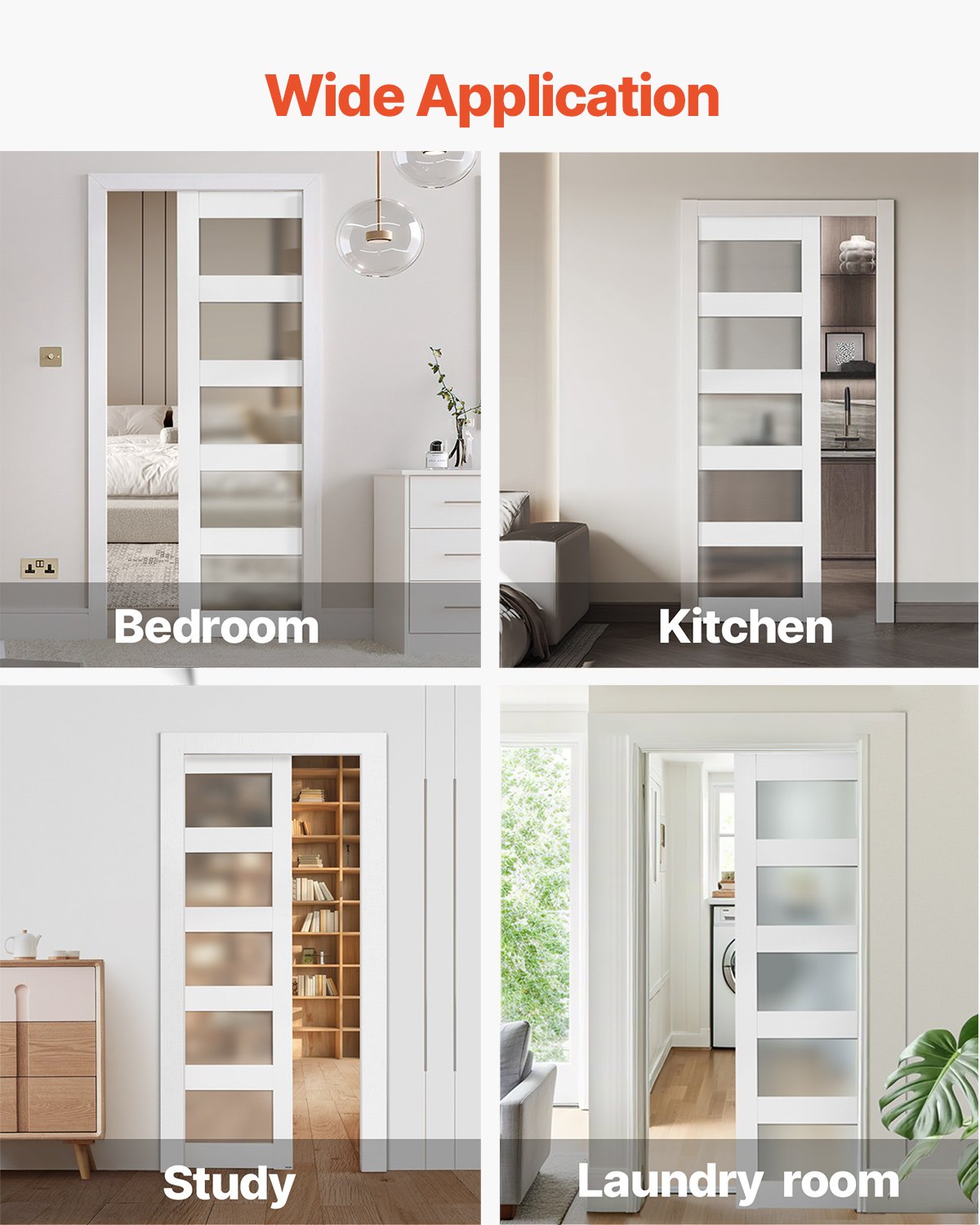 36" x 80" Frosted Glass Pocket Door with Hardware Kit - Solid Wood & MDF, Waterproof & Space-Saving for Bedroom, Kitchen, Study