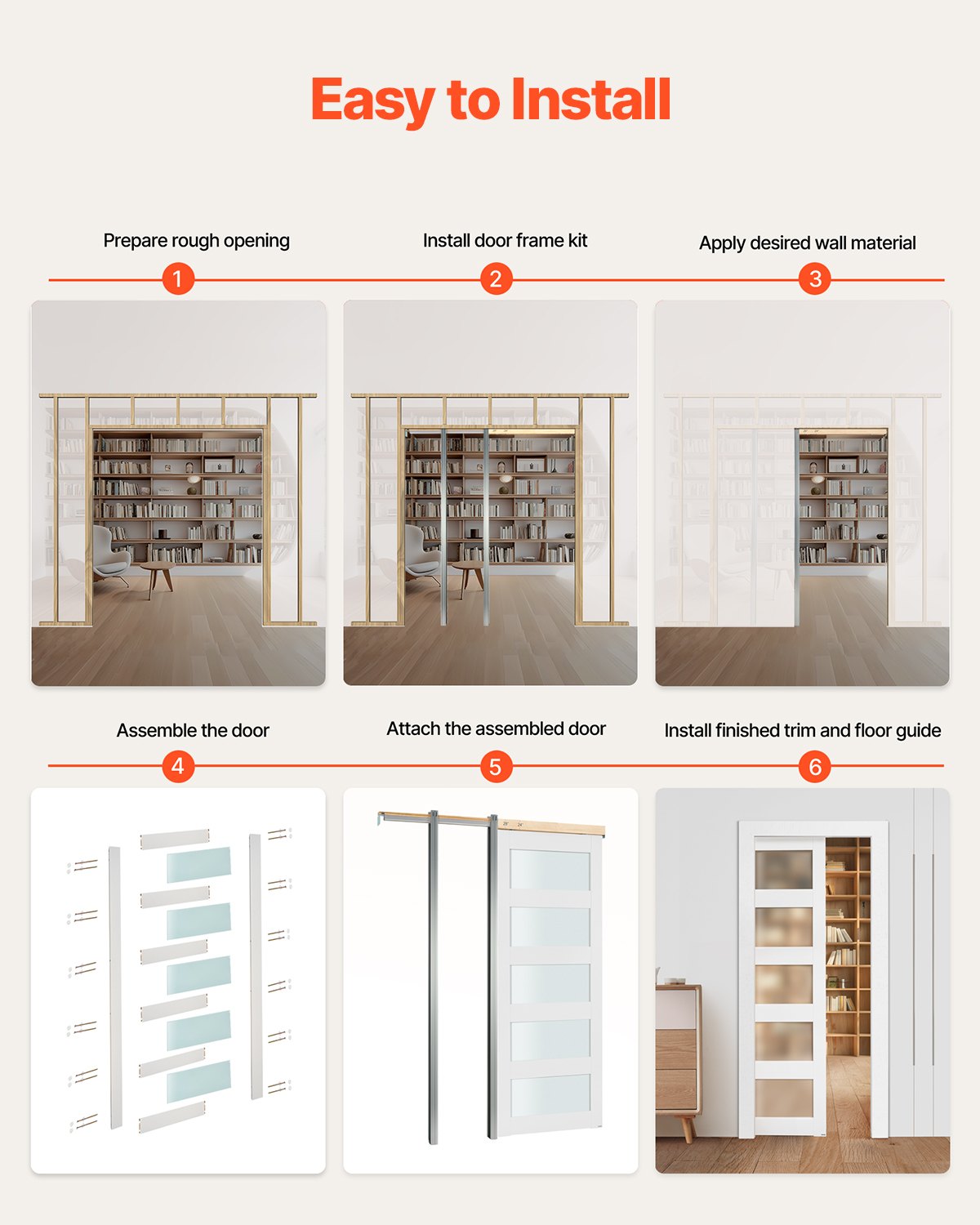 36" x 80" Frosted Glass Pocket Door with Hardware Kit - Solid Wood & MDF, Waterproof & Space-Saving for Bedroom, Kitchen, Study