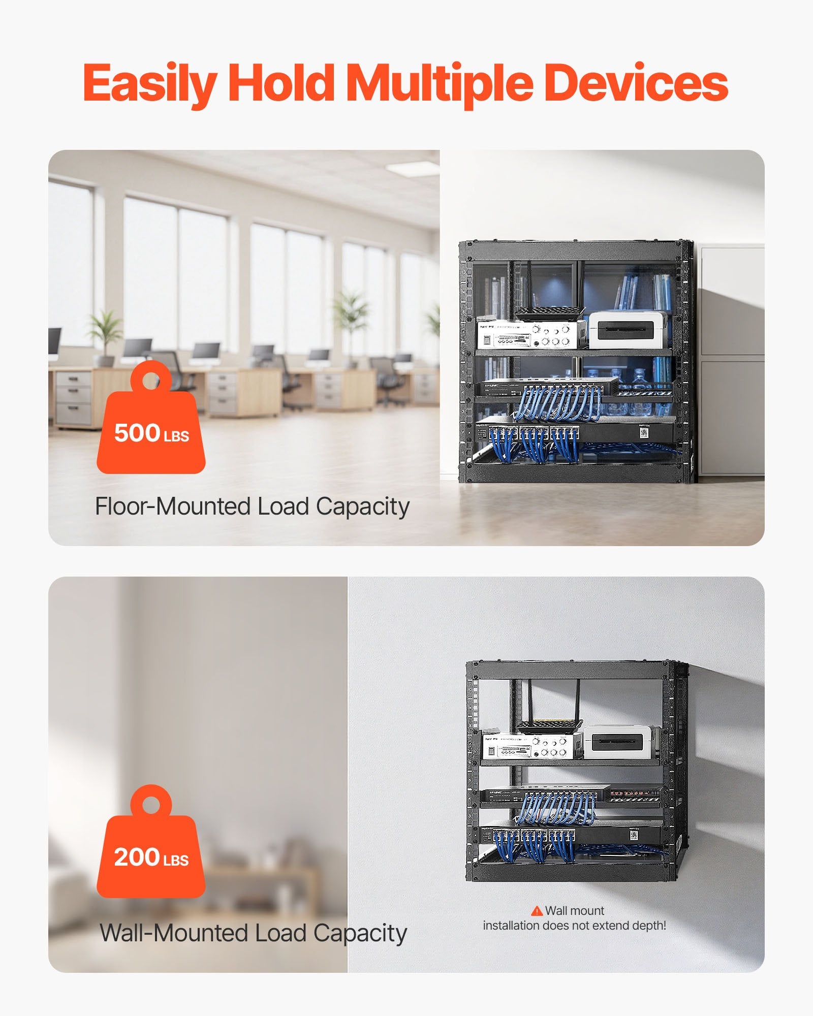 10U Heavy Duty Open Frame Network Rack, 23" Depth, Wall/Floor Mount with Vented Shelves, Ideal for IT & AV Equipment Storage