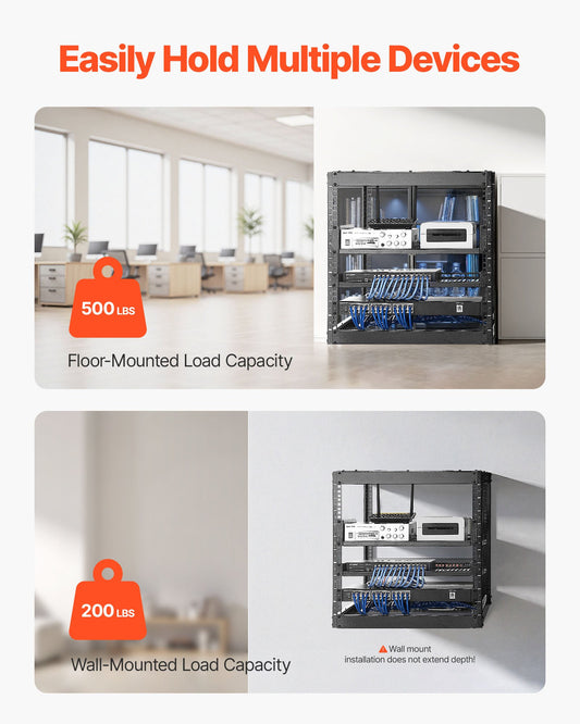 10U Heavy Duty Open Frame Network Rack, 23" Depth, Wall/Floor Mount with Vented Shelves, Ideal for IT & AV Equipment Storage