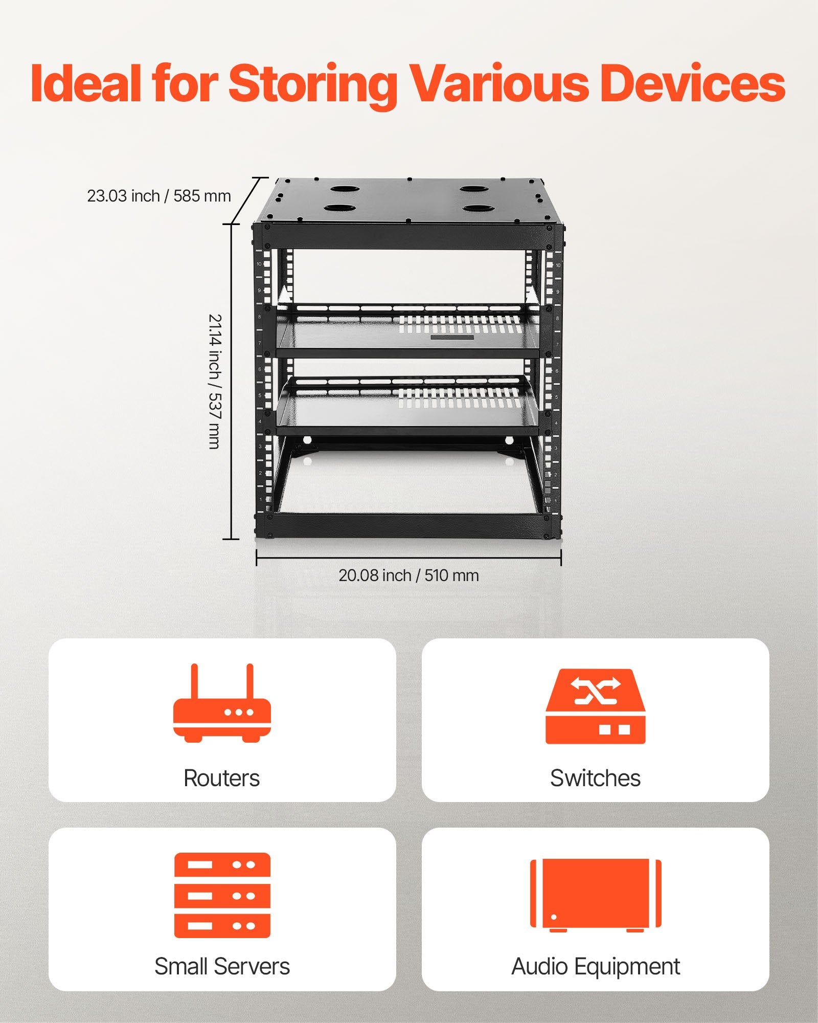 10U Heavy Duty Open Frame Network Rack, 23" Depth, Wall/Floor Mount with Vented Shelves, Ideal for IT & AV Equipment Storage