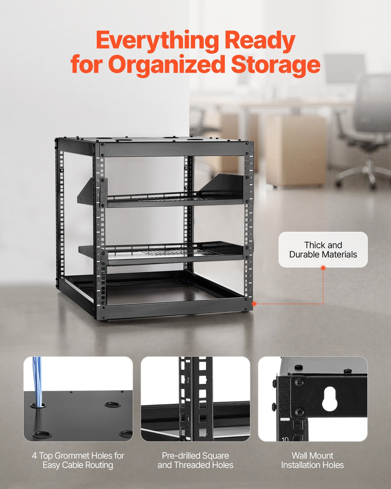 10U Heavy Duty Open Frame Network Rack, 23" Depth, Wall/Floor Mount with Vented Shelves, Ideal for IT & AV Equipment Storage