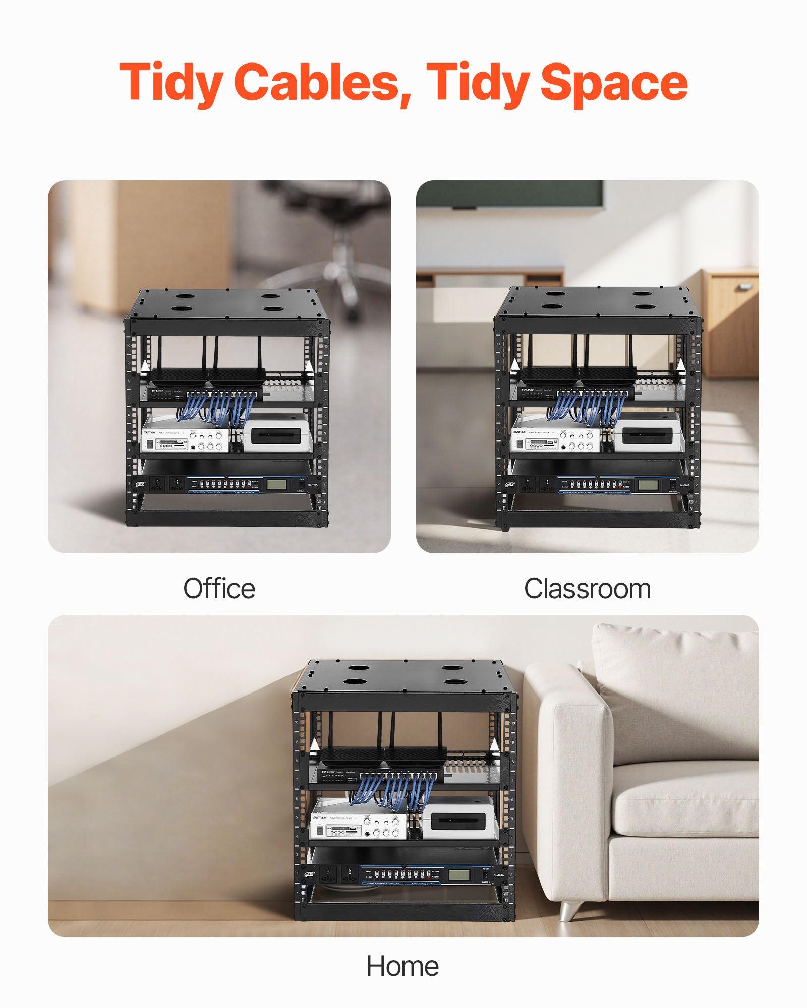 10U Heavy Duty Open Frame Network Rack, 23" Depth, Wall/Floor Mount with Vented Shelves, Ideal for IT & AV Equipment Storage