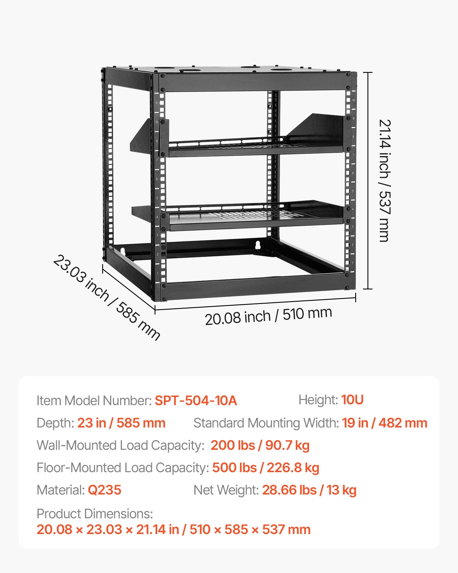 10U Heavy Duty Open Frame Network Rack, 23" Depth, Wall/Floor Mount with Vented Shelves, Ideal for IT & AV Equipment Storage