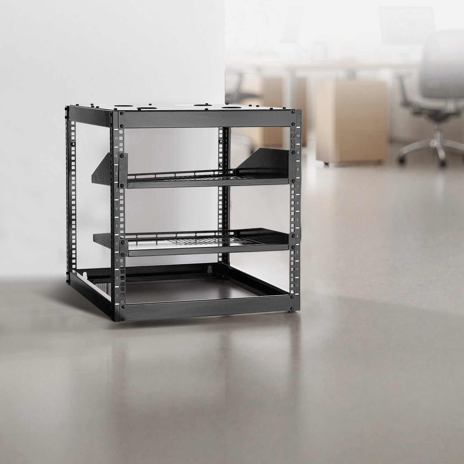 10U Heavy Duty Open Frame Network Rack, 23" Depth, Wall/Floor Mount with Vented Shelves, Ideal for IT & AV Equipment Storage