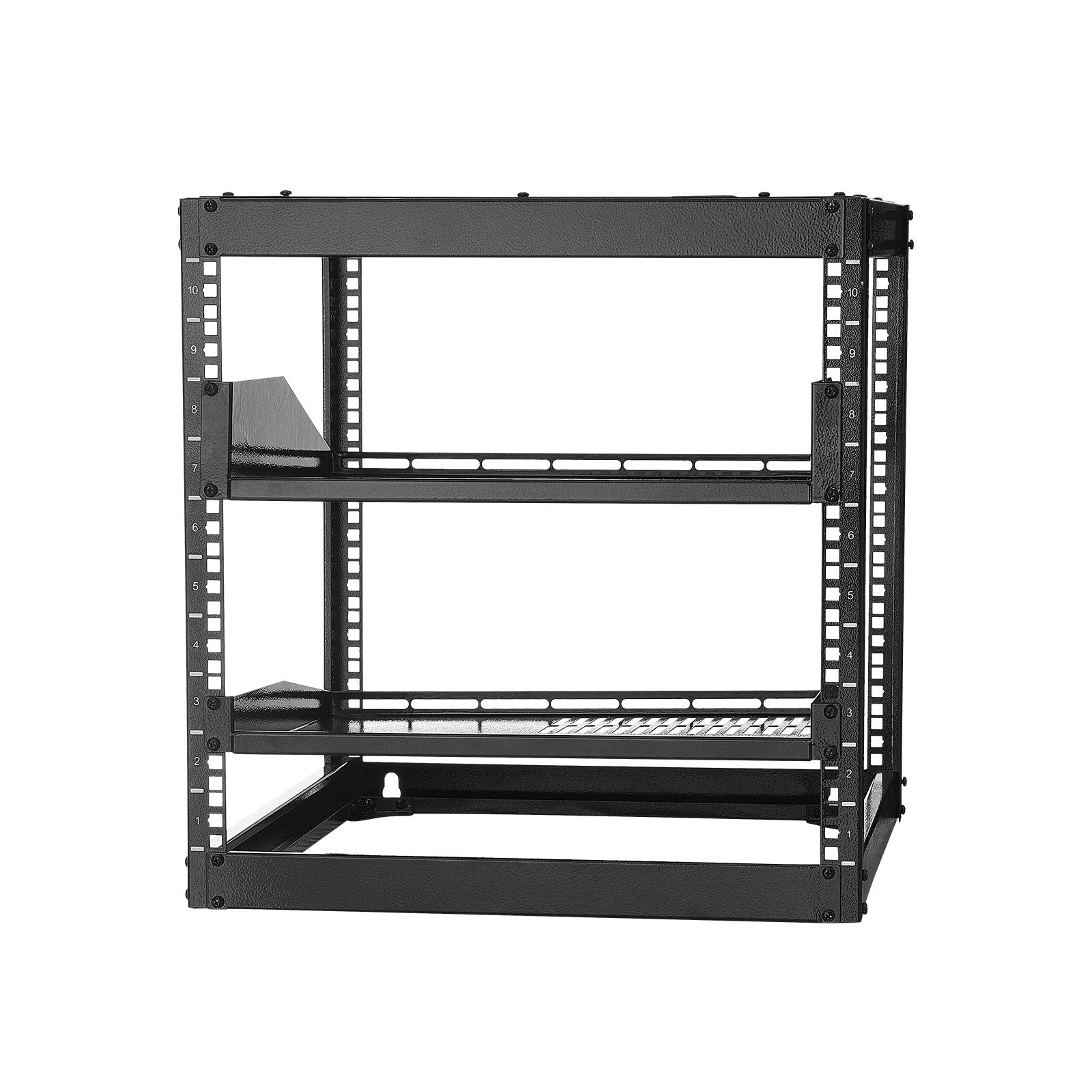 10U Heavy Duty Open Frame Network Rack, 23" Depth, Wall/Floor Mount with Vented Shelves, Ideal for IT & AV Equipment Storage