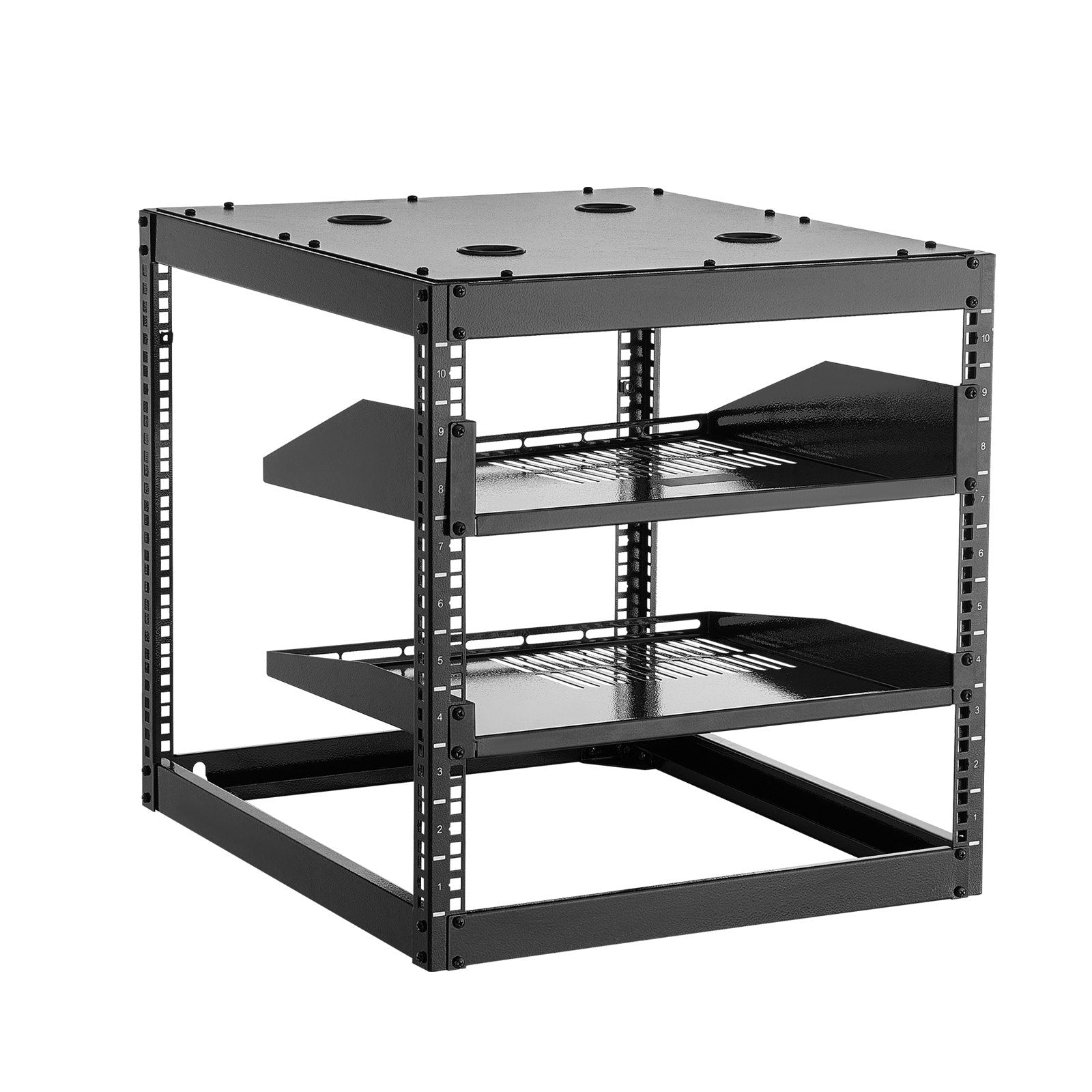 10U Heavy Duty Open Frame Network Rack, 23" Depth, Wall/Floor Mount with Vented Shelves, Ideal for IT & AV Equipment Storage