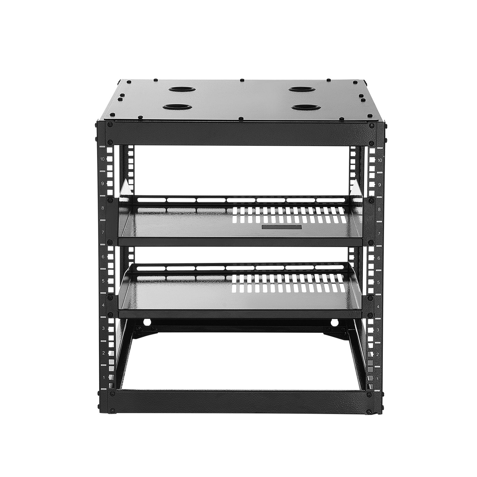 10U Heavy Duty Open Frame Network Rack, 23" Depth, Wall/Floor Mount with Vented Shelves, Ideal for IT & AV Equipment Storage