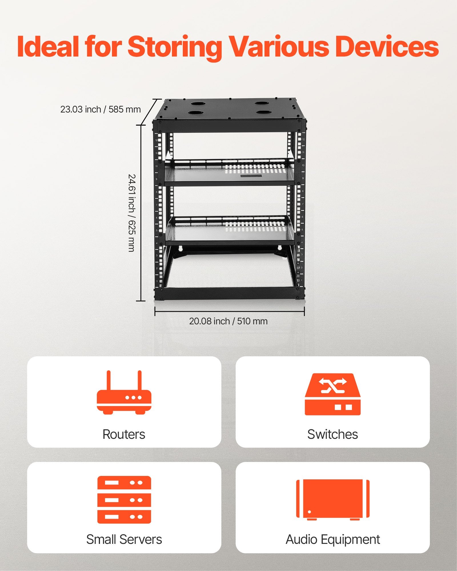 Versatile 12U Open Frame Network Rack, 23" Depth, Wall/Floor Mount, Heavy-Duty 4-Post, Vented Shelves, IT & AV Equipment Holder