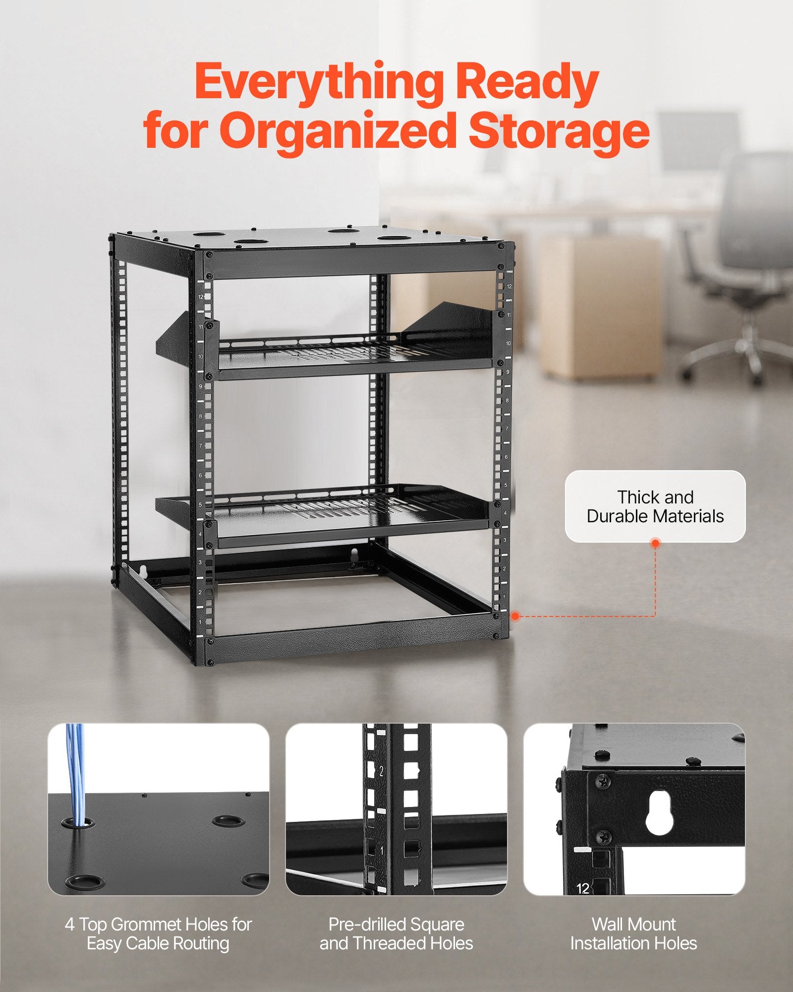 Versatile 12U Open Frame Network Rack, 23" Depth, Wall/Floor Mount, Heavy-Duty 4-Post, Vented Shelves, IT & AV Equipment Holder