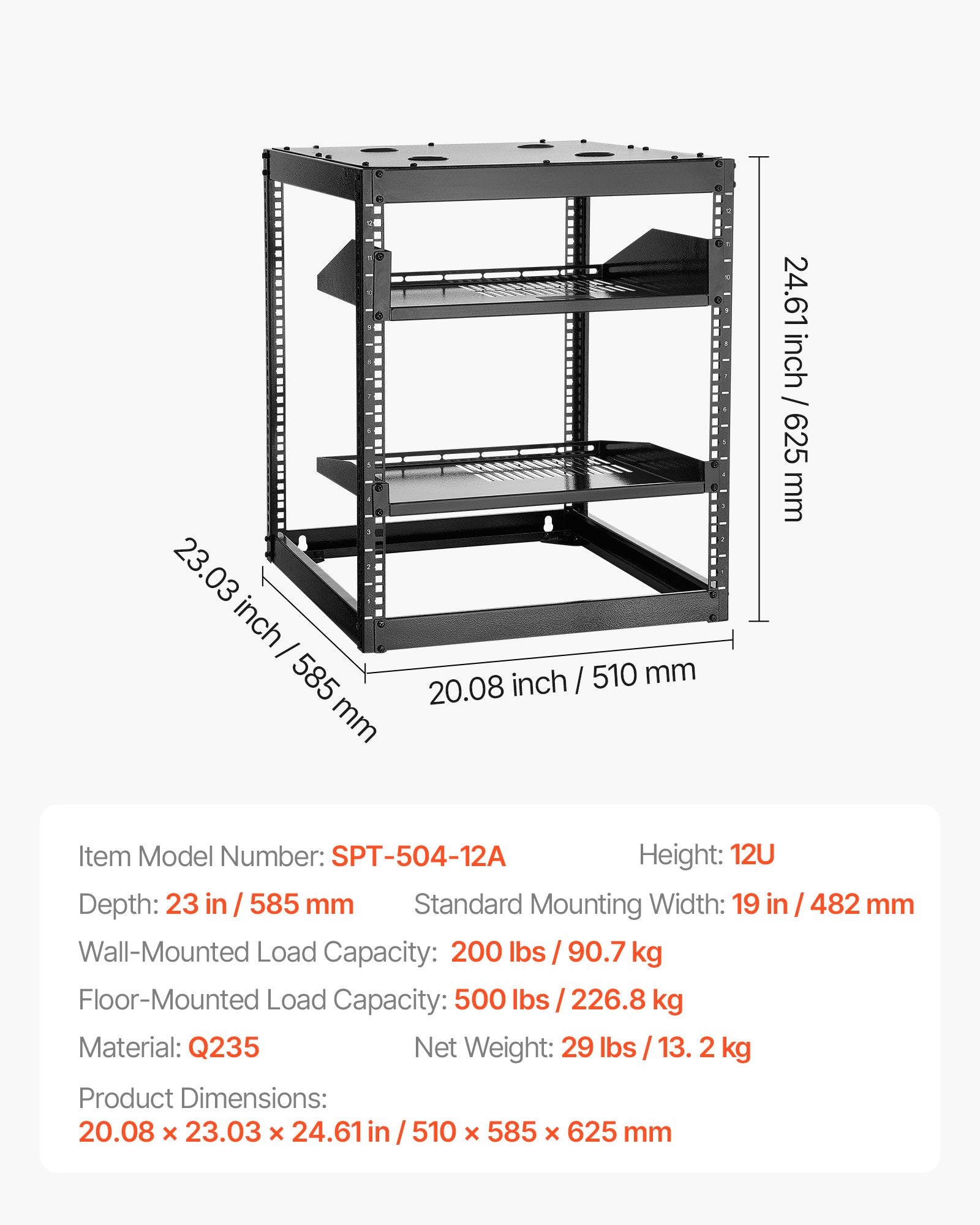 Versatile 12U Open Frame Network Rack, 23" Depth, Wall/Floor Mount, Heavy-Duty 4-Post, Vented Shelves, IT & AV Equipment Holder