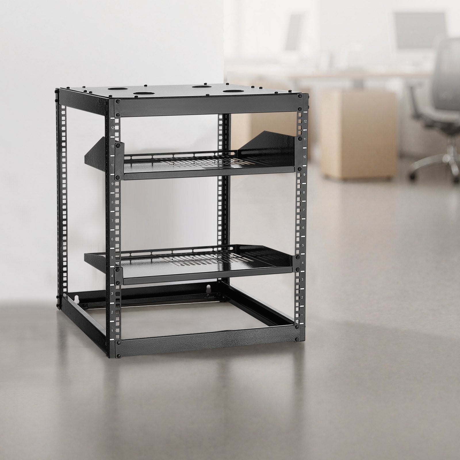 Versatile 12U Open Frame Network Rack, 23" Depth, Wall/Floor Mount, Heavy-Duty 4-Post, Vented Shelves, IT & AV Equipment Holder