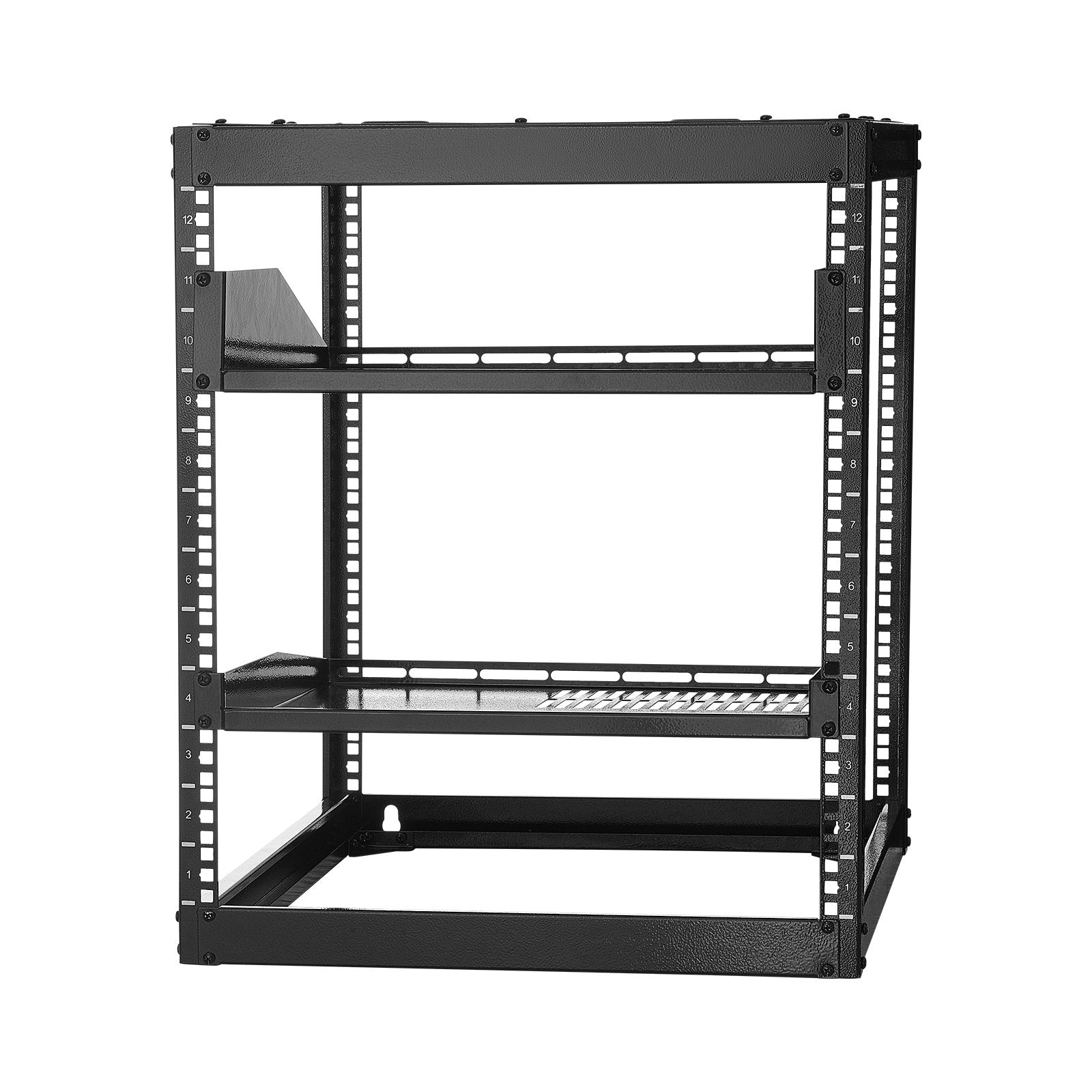 Versatile 12U Open Frame Network Rack, 23" Depth, Wall/Floor Mount, Heavy-Duty 4-Post, Vented Shelves, IT & AV Equipment Holder