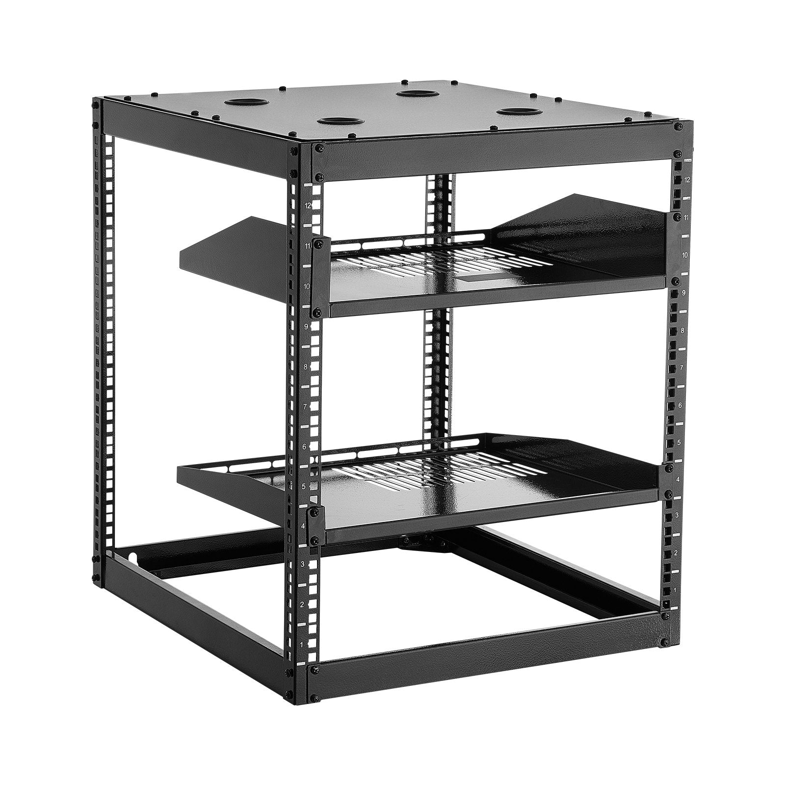 Versatile 12U Open Frame Network Rack, 23" Depth, Wall/Floor Mount, Heavy-Duty 4-Post, Vented Shelves, IT & AV Equipment Holder