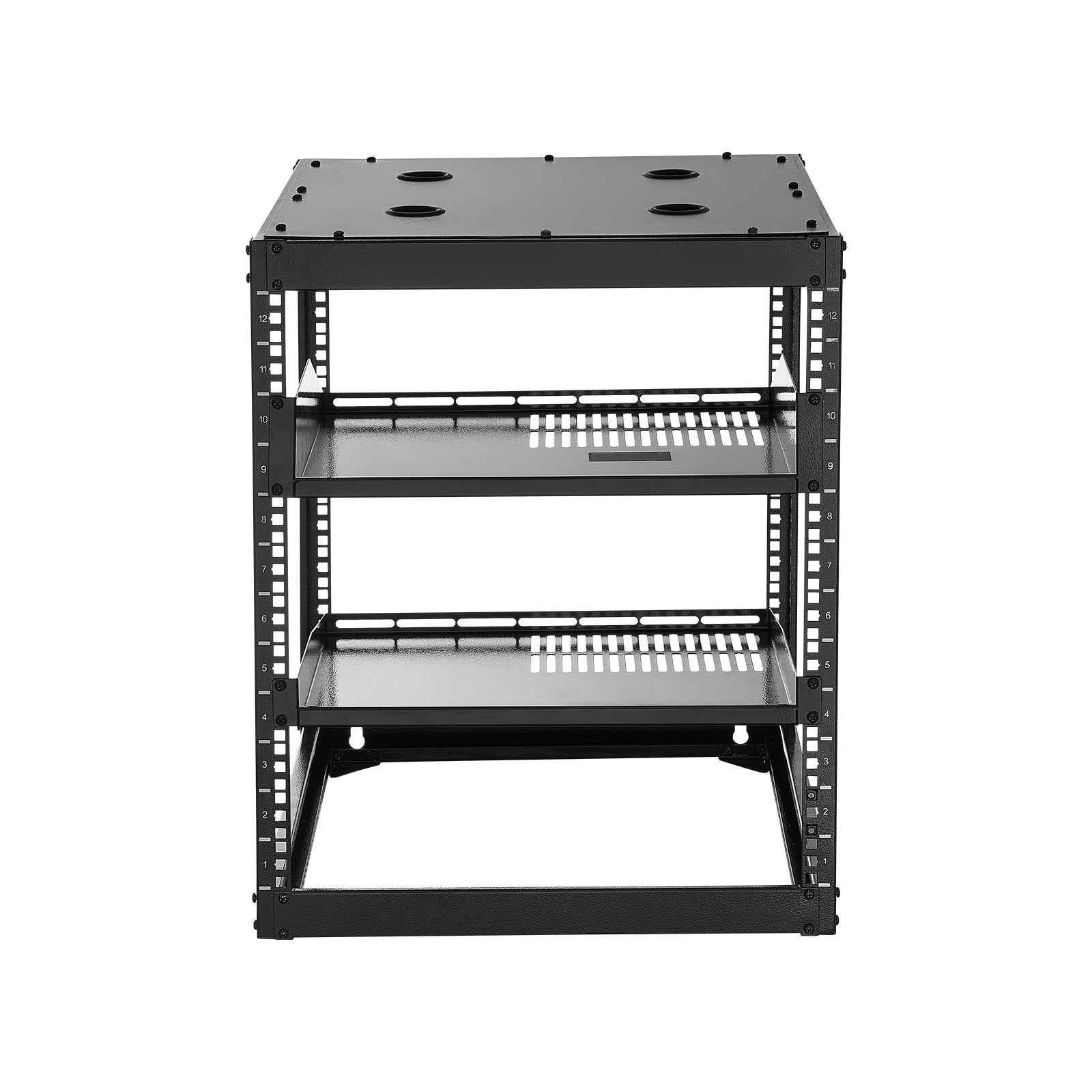 Versatile 12U Open Frame Network Rack, 23" Depth, Wall/Floor Mount, Heavy-Duty 4-Post, Vented Shelves, IT & AV Equipment Holder