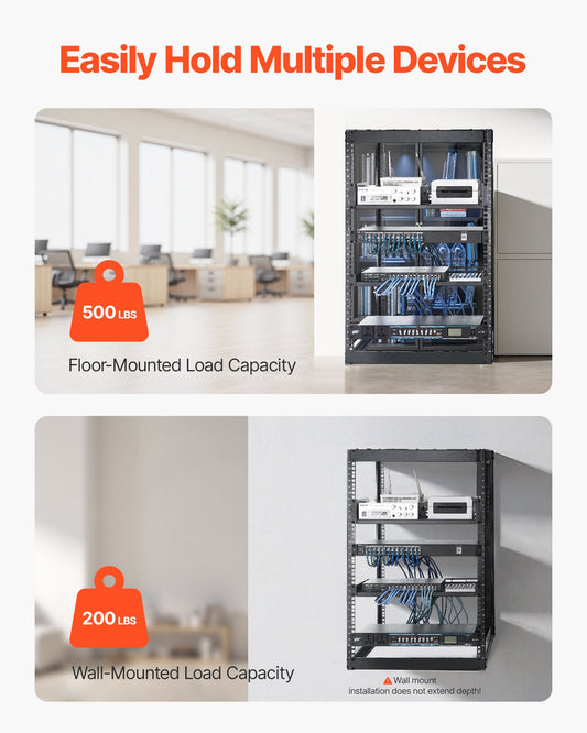 16U Heavy Duty Open Frame Network Rack, 23" Deep, Ideal for IT & AV Gear, Wall/Floor Mount, Vented Shelves & Mounting Hardware
