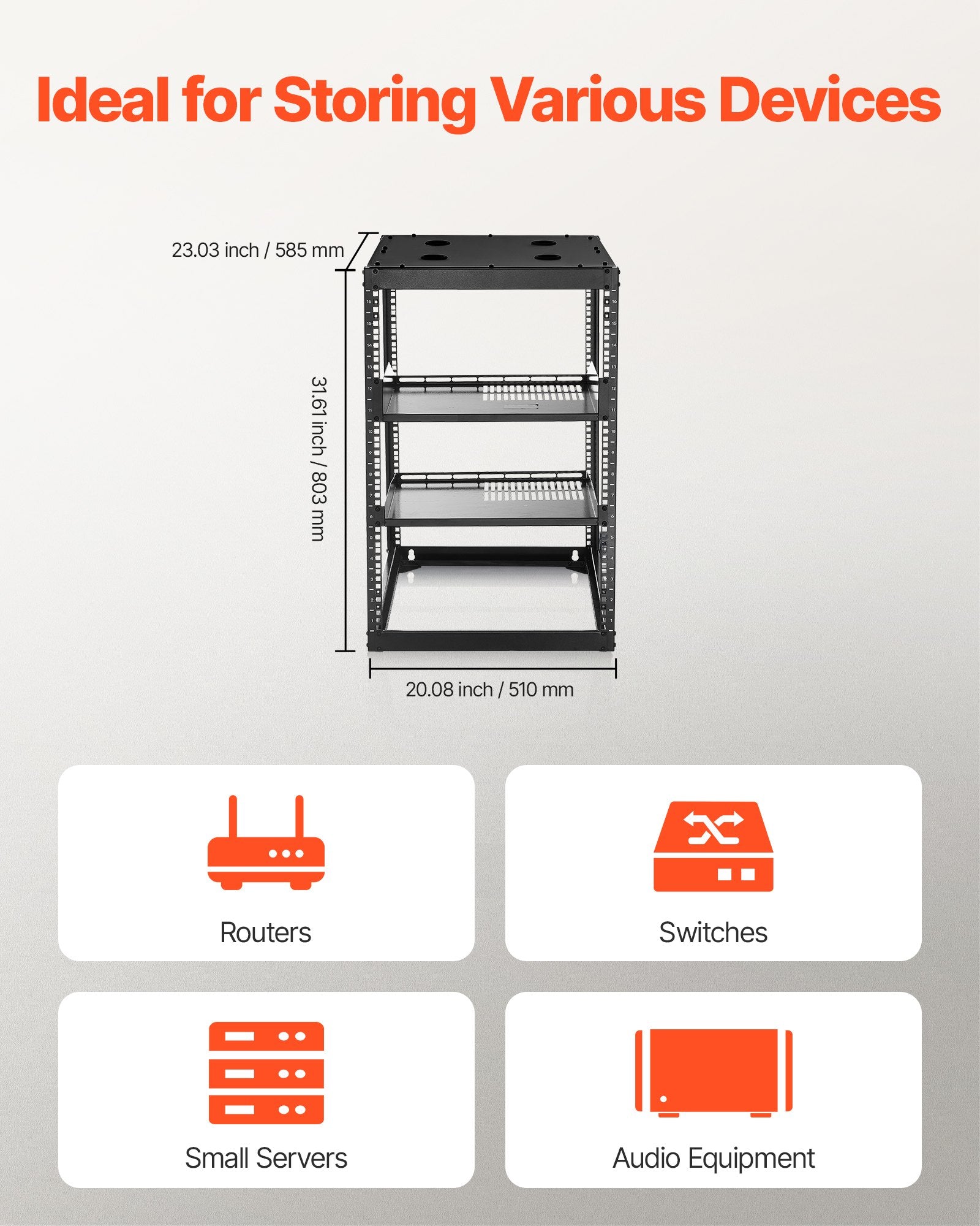 16U Heavy Duty Open Frame Network Rack, 23" Deep, Ideal for IT & AV Gear, Wall/Floor Mount, Vented Shelves & Mounting Hardware