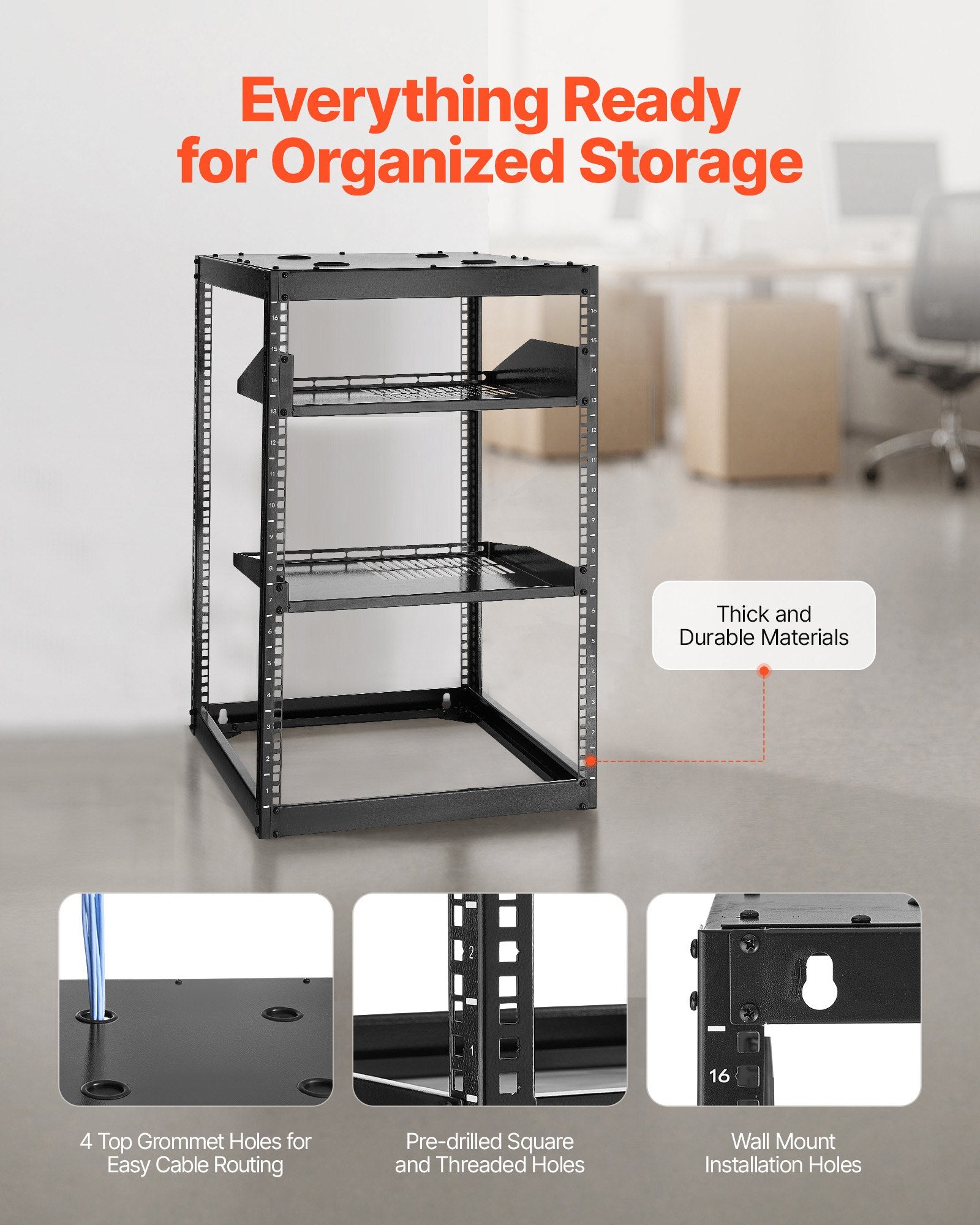 16U Heavy Duty Open Frame Network Rack, 23" Deep, Ideal for IT & AV Gear, Wall/Floor Mount, Vented Shelves & Mounting Hardware