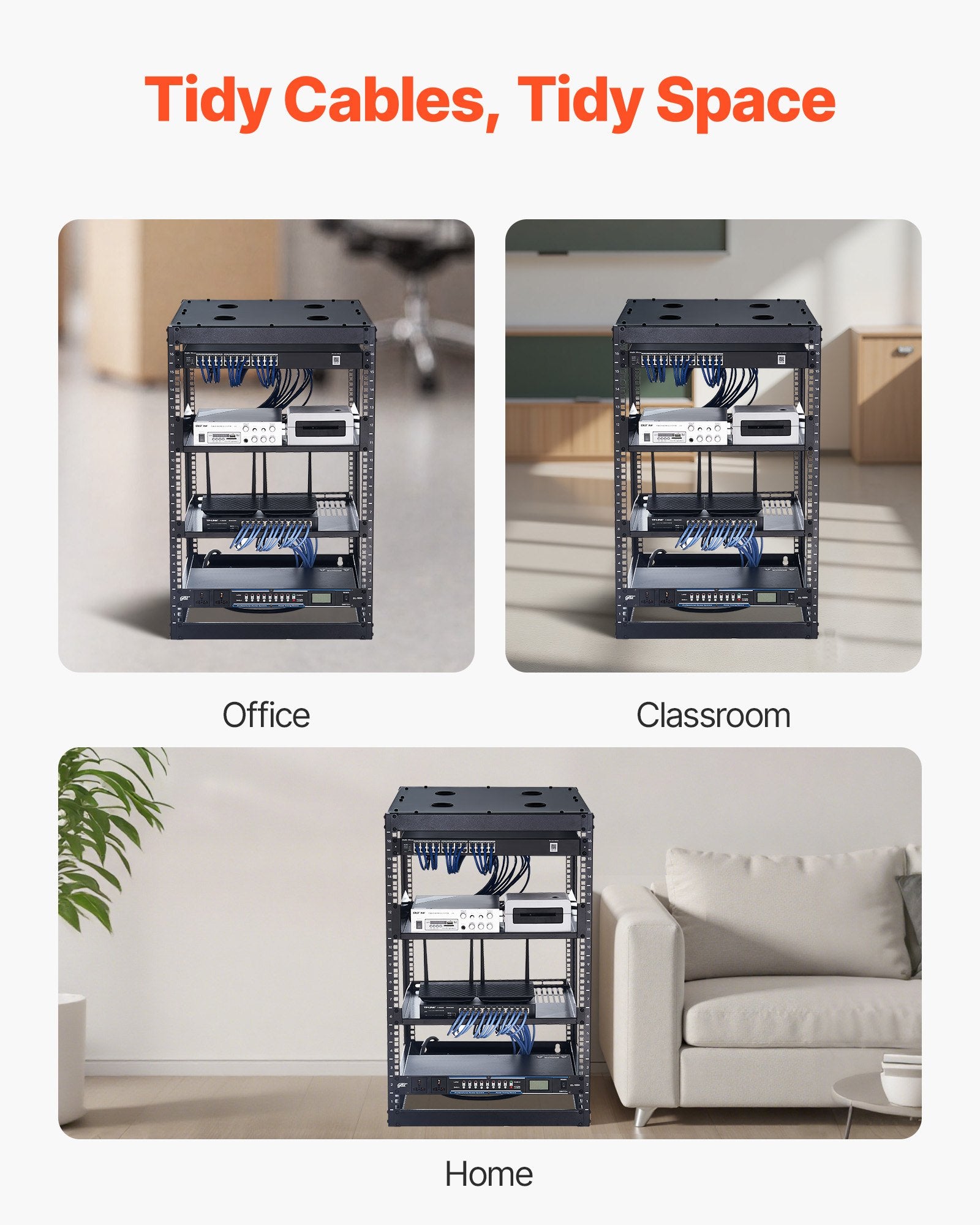 16U Heavy Duty Open Frame Network Rack, 23" Deep, Ideal for IT & AV Gear, Wall/Floor Mount, Vented Shelves & Mounting Hardware