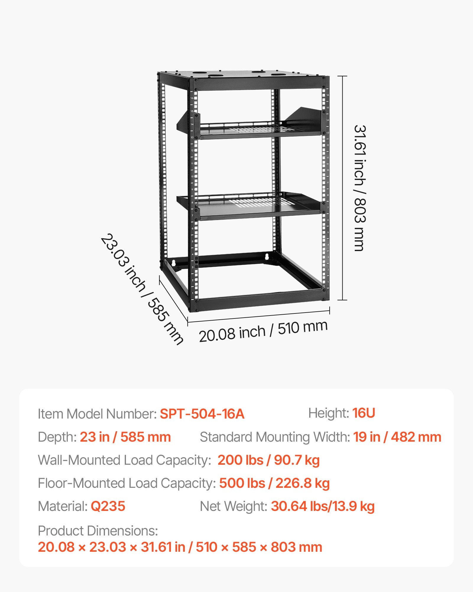 16U Heavy Duty Open Frame Network Rack, 23" Deep, Ideal for IT & AV Gear, Wall/Floor Mount, Vented Shelves & Mounting Hardware