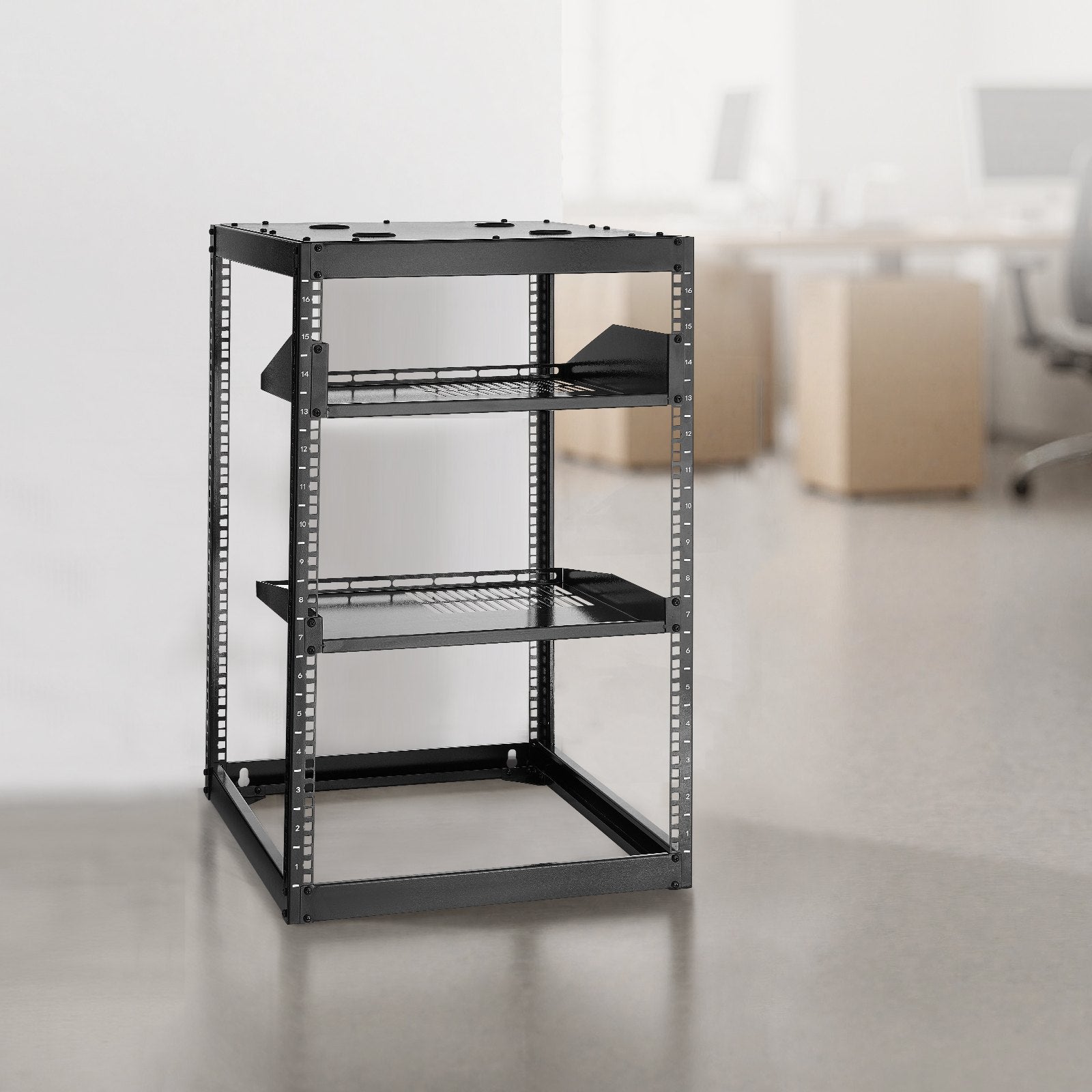 16U Heavy Duty Open Frame Network Rack, 23" Deep, Ideal for IT & AV Gear, Wall/Floor Mount, Vented Shelves & Mounting Hardware