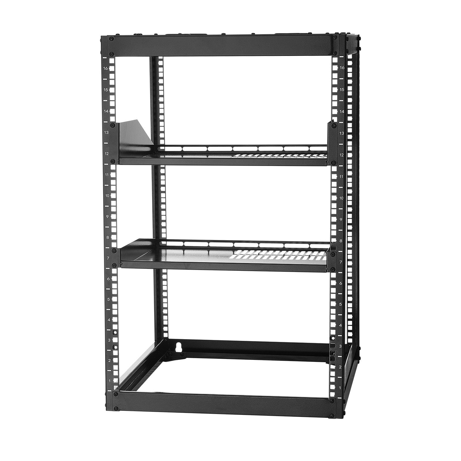 16U Heavy Duty Open Frame Network Rack, 23" Deep, Ideal for IT & AV Gear, Wall/Floor Mount, Vented Shelves & Mounting Hardware
