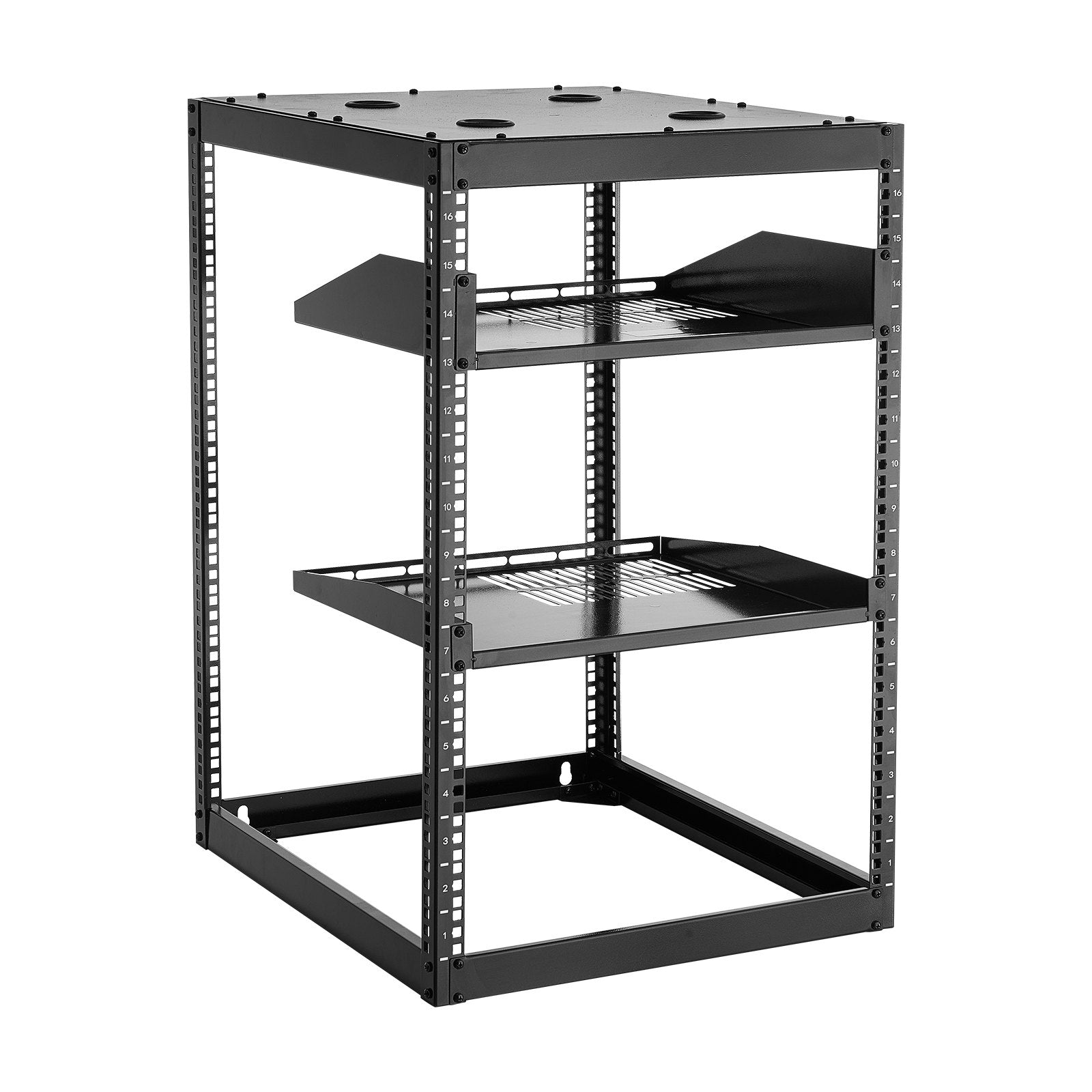 16U Heavy Duty Open Frame Network Rack, 23" Deep, Ideal for IT & AV Gear, Wall/Floor Mount, Vented Shelves & Mounting Hardware