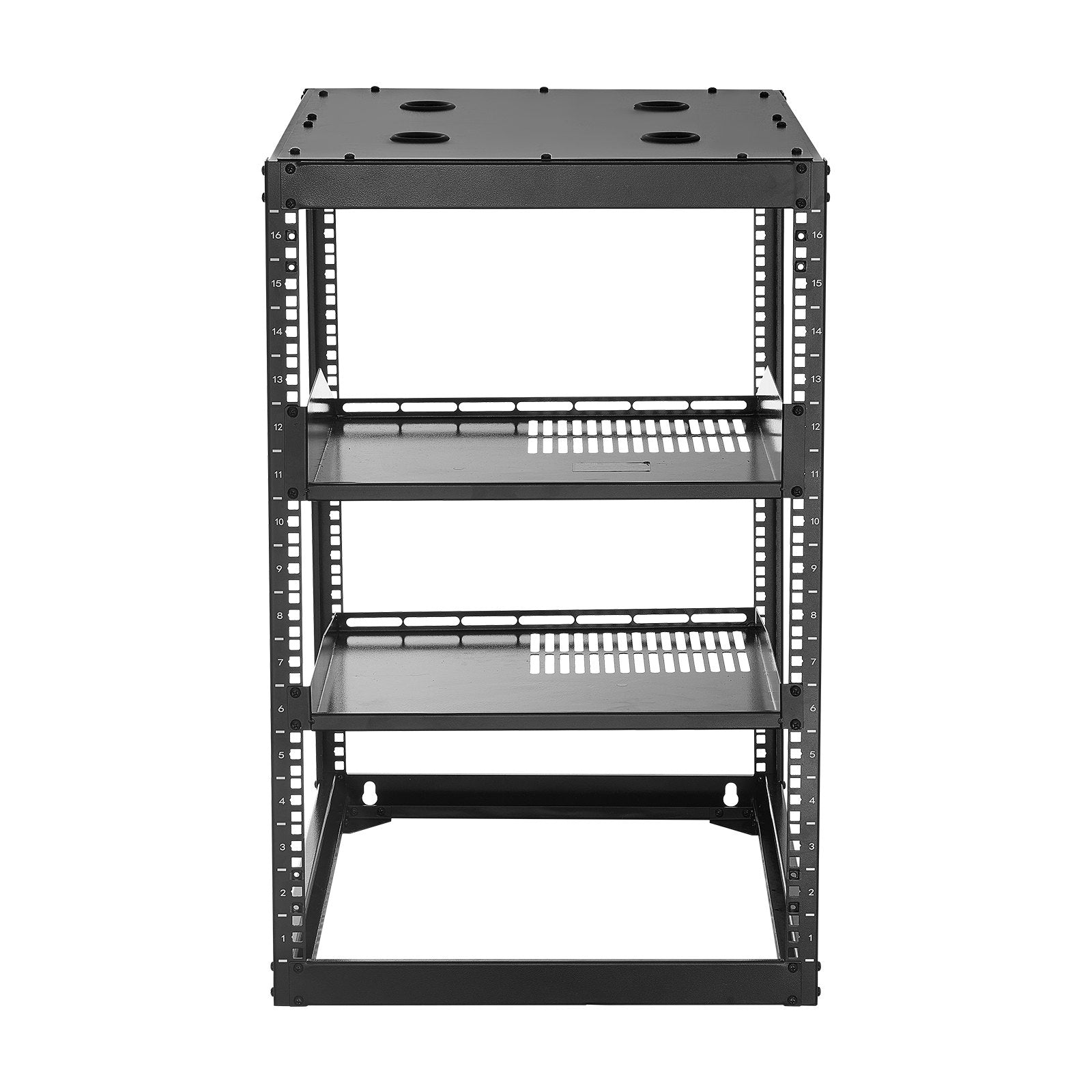 16U Heavy Duty Open Frame Network Rack, 23" Deep, Ideal for IT & AV Gear, Wall/Floor Mount, Vented Shelves & Mounting Hardware