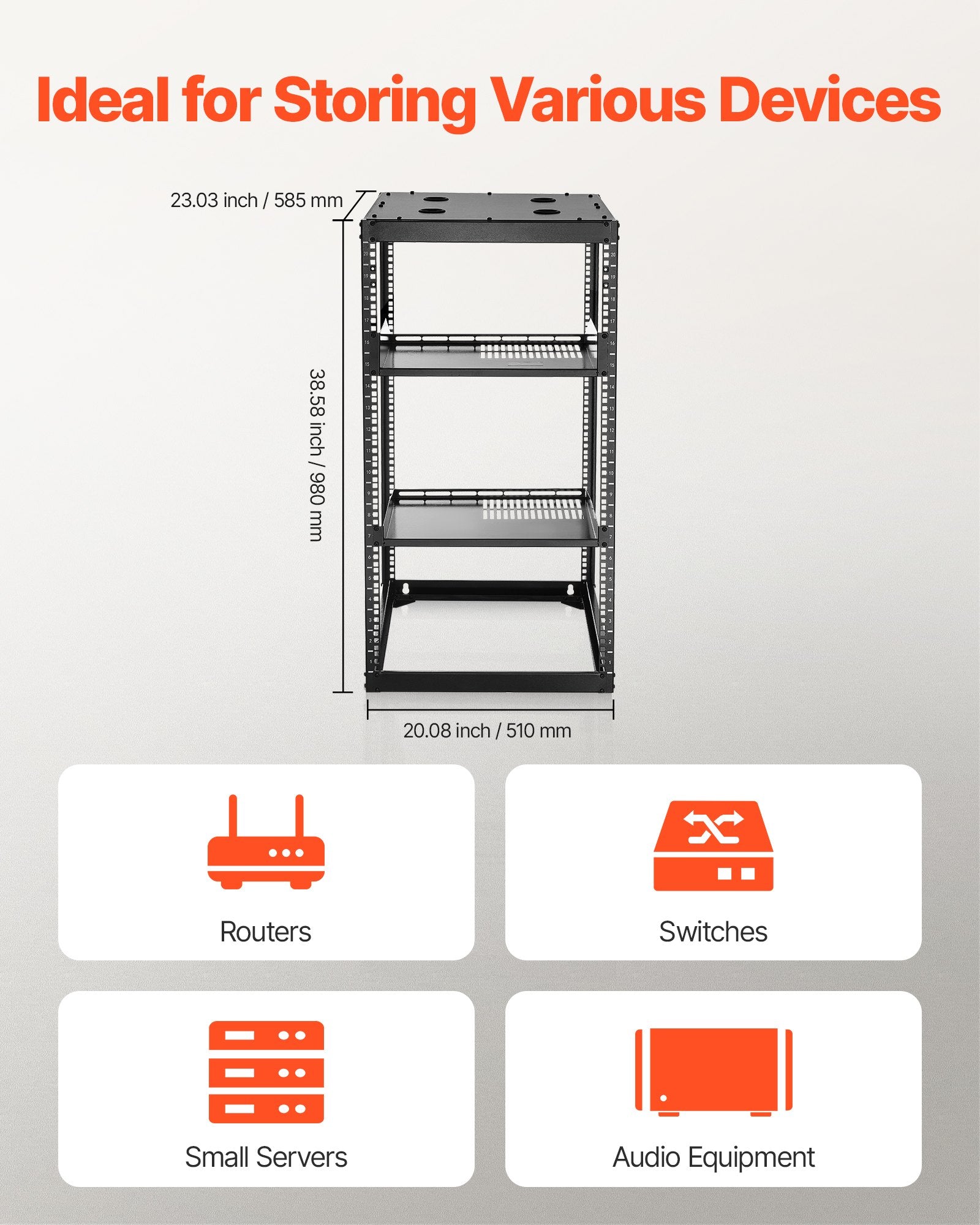 20U Heavy Duty Open Frame Network Rack - 23" Depth, Wall/Floor Mount with Vented Shelves, Perfect for IT Equipment & AV Gear, Supports 500 lbs