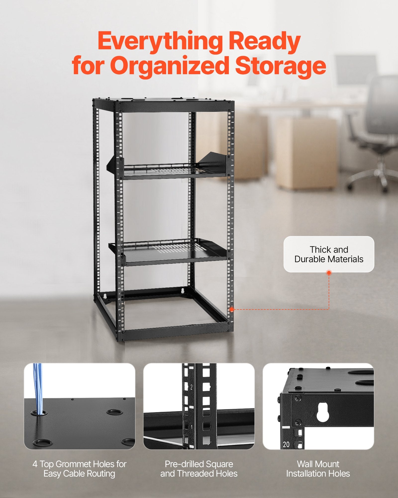 20U Heavy Duty Open Frame Network Rack - 23" Depth, Wall/Floor Mount with Vented Shelves, Perfect for IT Equipment & AV Gear, Supports 500 lbs