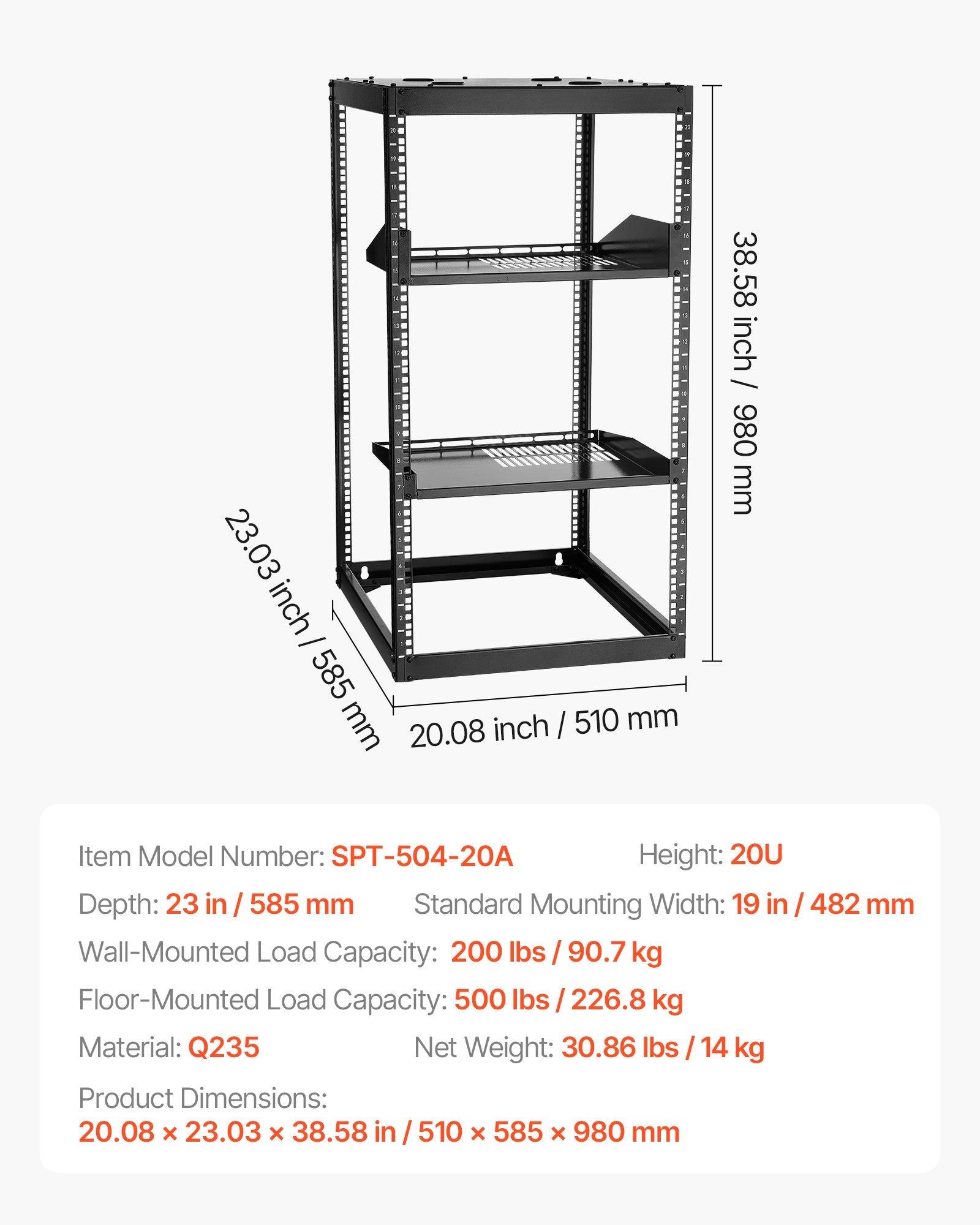 20U Heavy Duty Open Frame Network Rack - 23" Depth, Wall/Floor Mount with Vented Shelves, Perfect for IT Equipment & AV Gear, Supports 500 lbs