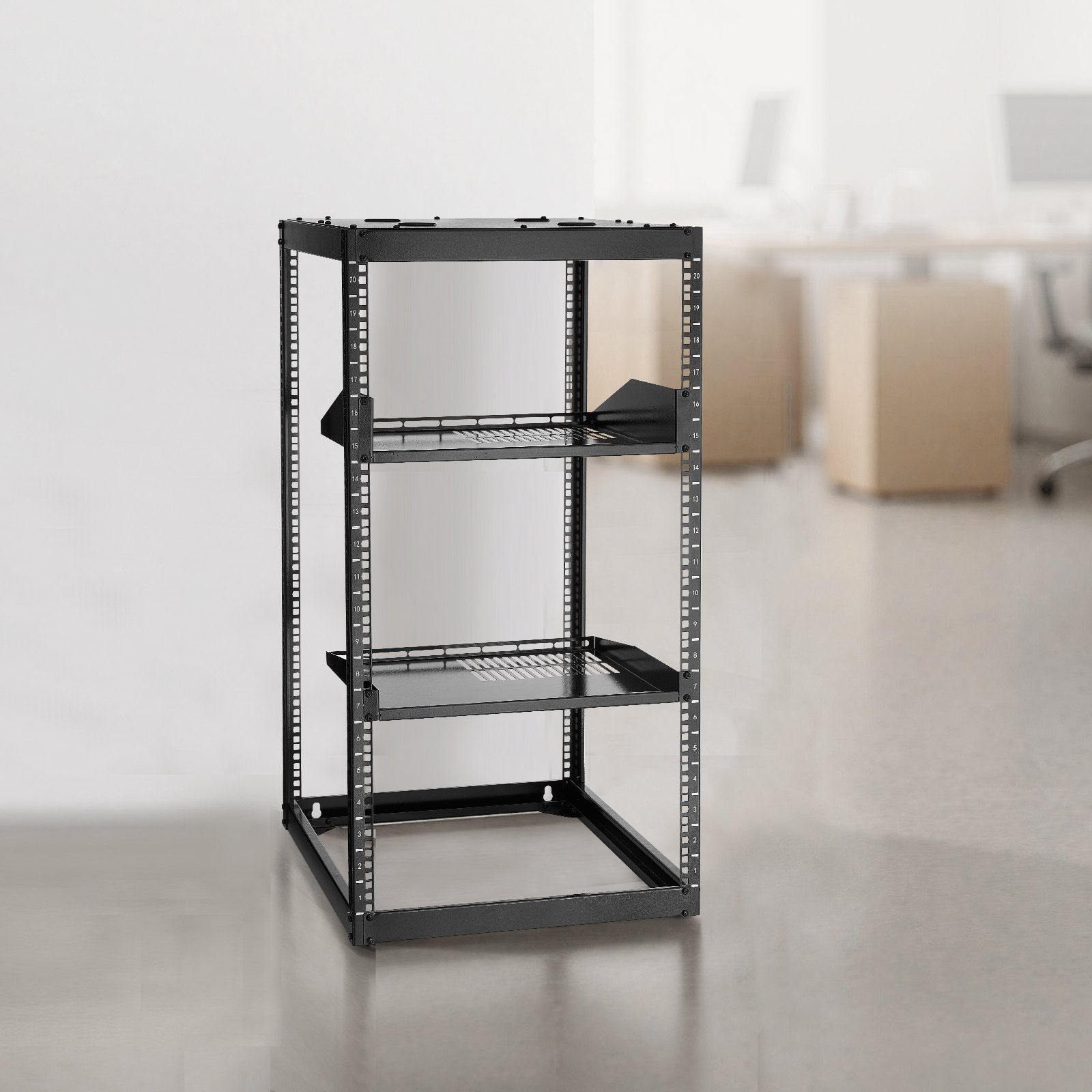 20U Heavy Duty Open Frame Network Rack - 23" Depth, Wall/Floor Mount with Vented Shelves, Perfect for IT Equipment & AV Gear, Supports 500 lbs